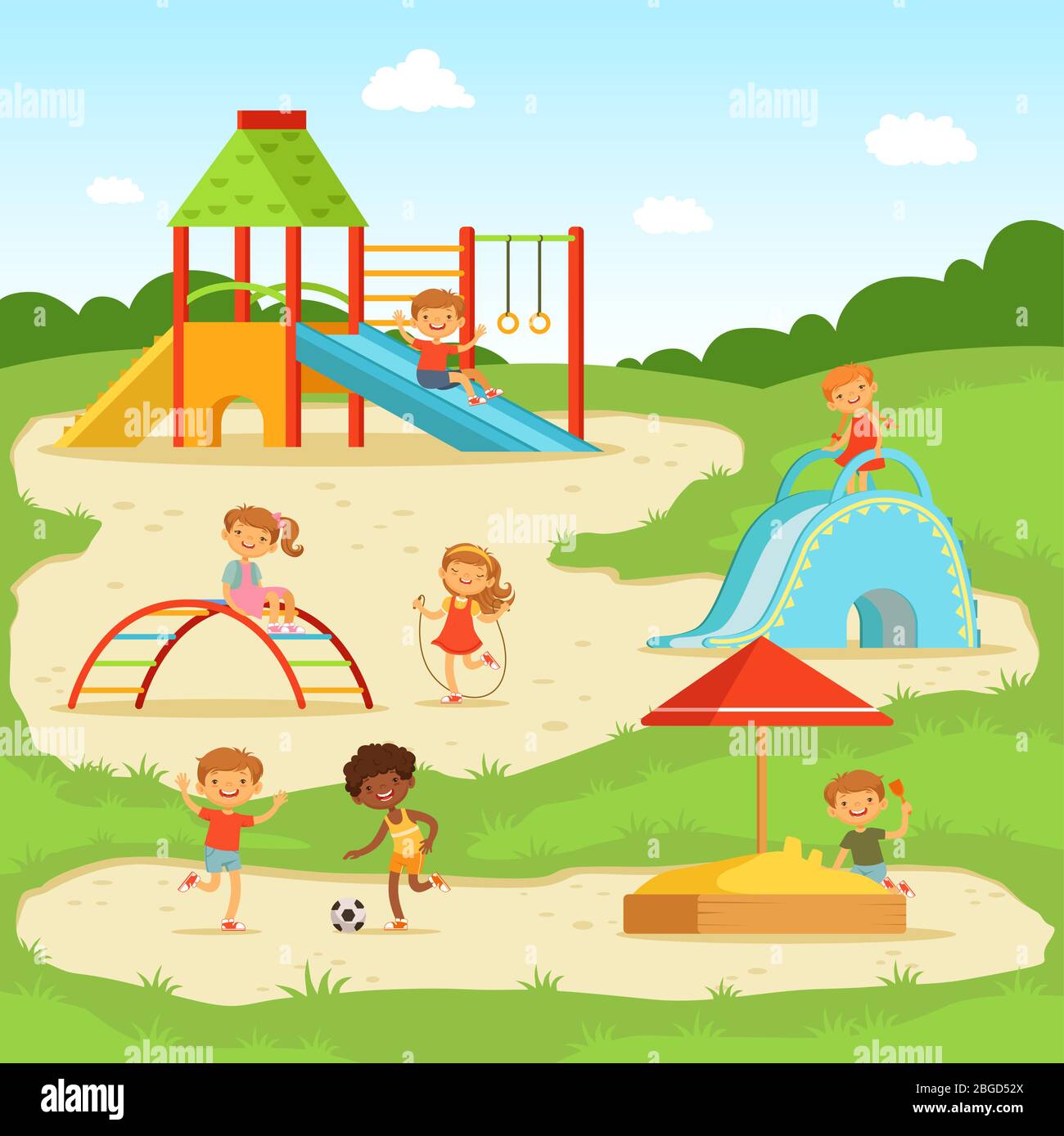 Funny Children At Summer Playground Kids Playing In Park Vector Illustration Stock Vector Image Art Alamy