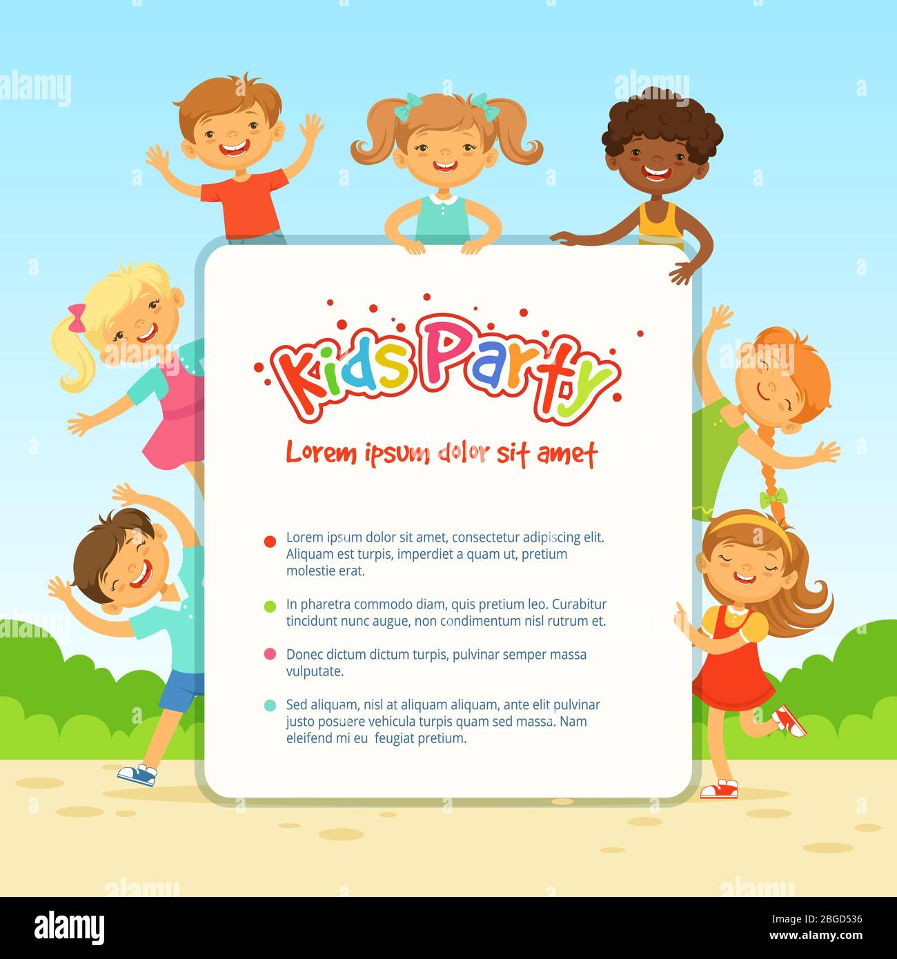 Vector poster for children party. Funny different kids in active poses ...