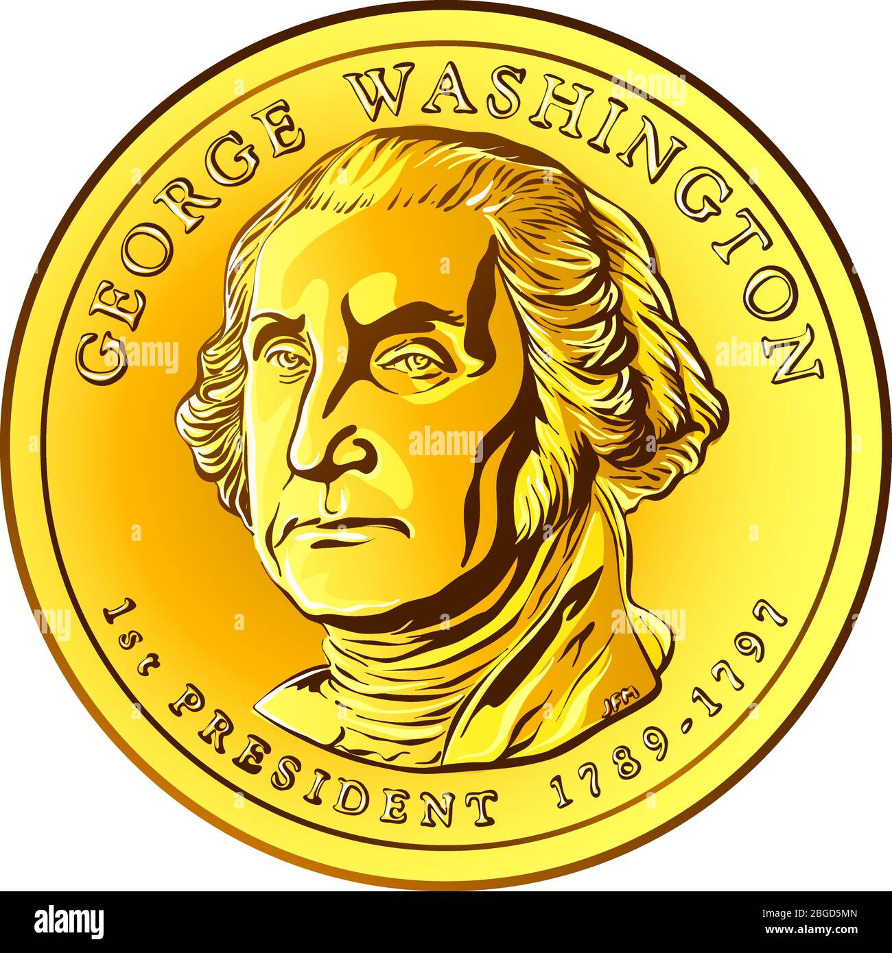 American money Presidential dollar coin, with first president of the United States George Washington on obverse Stock Vector