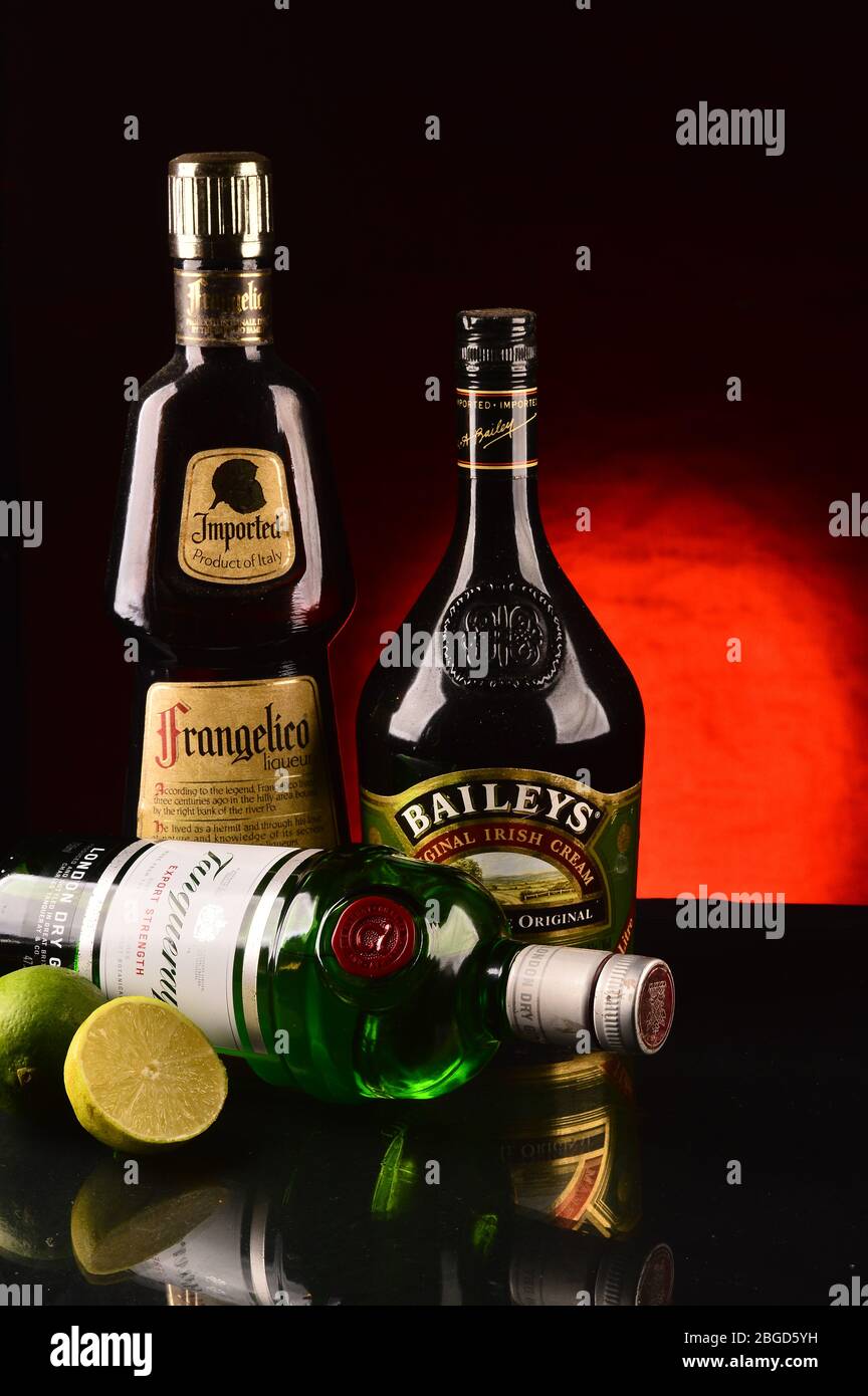 Mix of alcoholic beverage bottles on studio shot Stock Photo