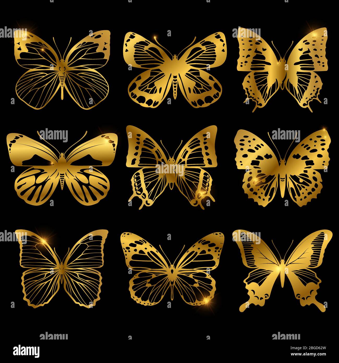 Shiny golden butterflies with light effect. Butterfly collection in shiny golden colored. Vector illustration Stock Vector