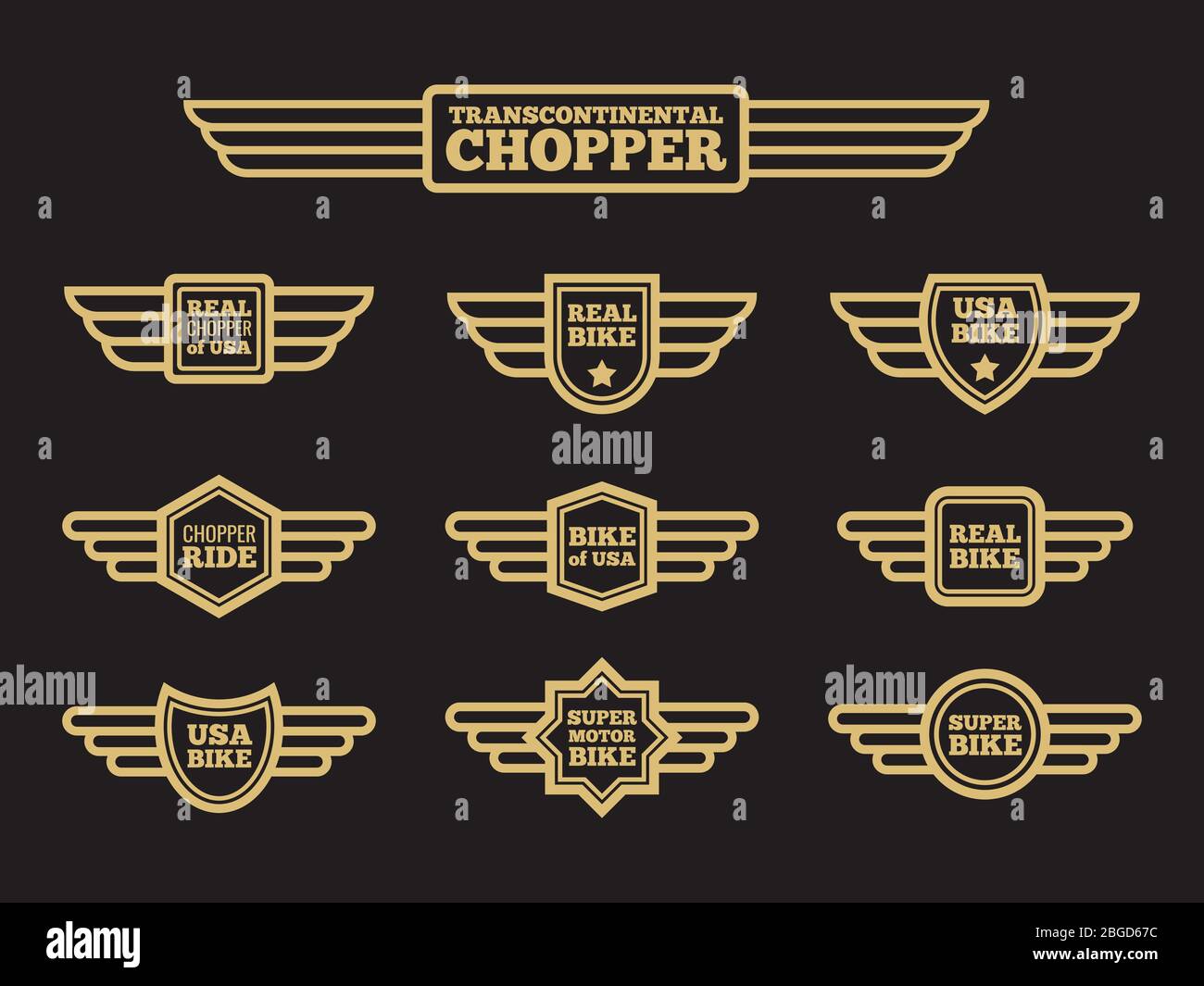 Sport motorbike vintage wing labels. Bikers ride retro winged logos vector set illustration Stock Vector