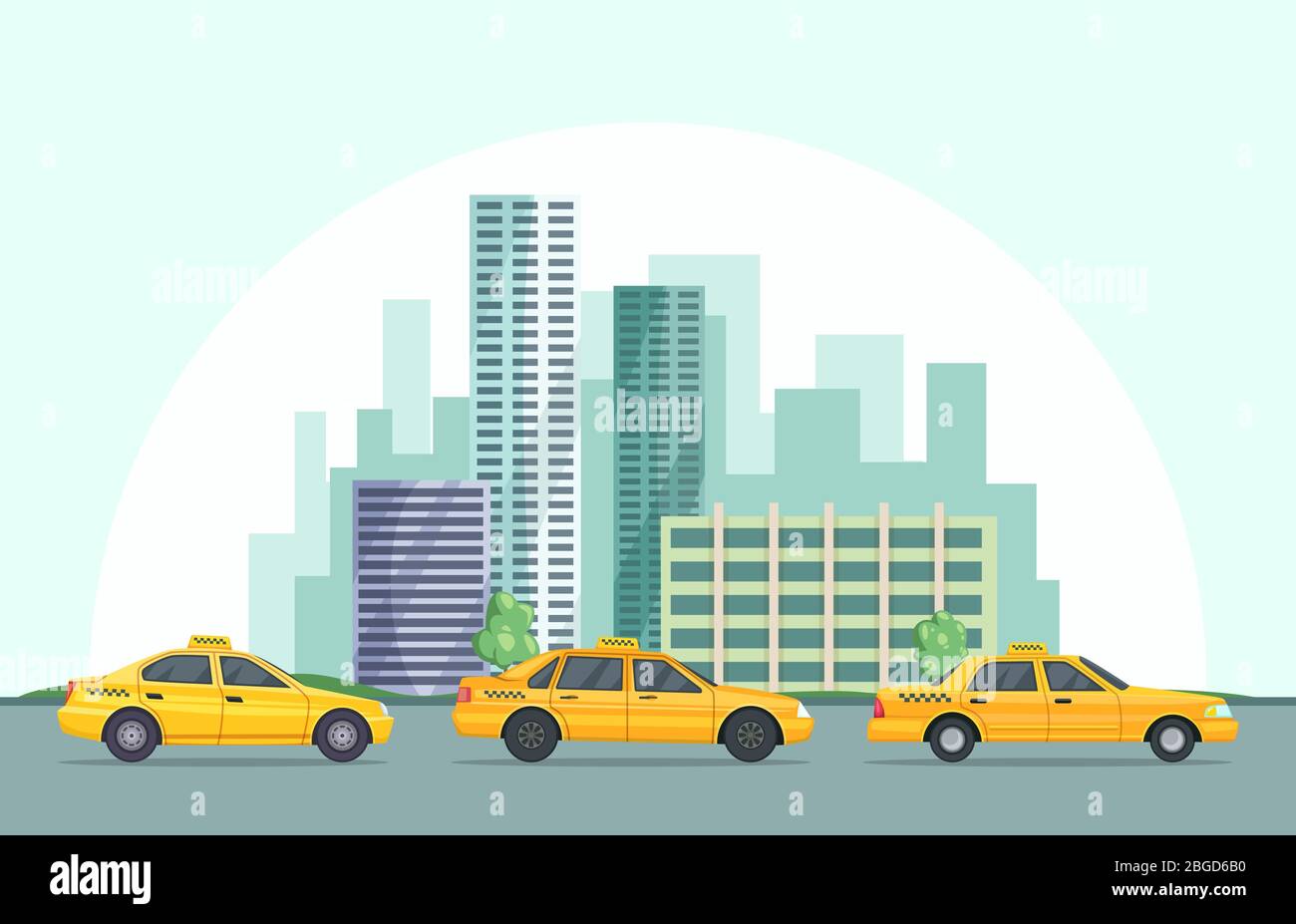 Vector background illustration of modern urban landscape with different buildings and taxi cars Stock Vector