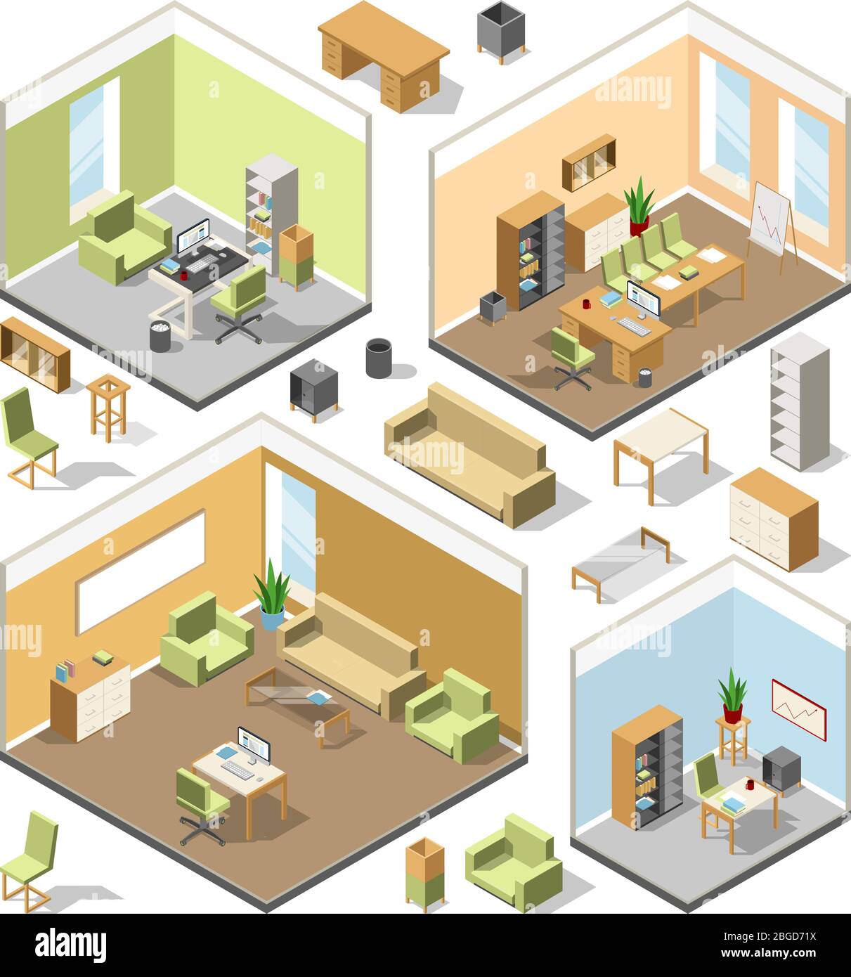 Different isometric workspaces with sectional furniture. Vector 3d architectural plan Stock Vector