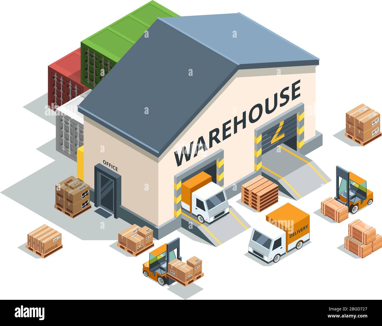 Warehouse building, trucks and load machines. Different pallets and boxes. Logistics vector illustrations Stock Vector