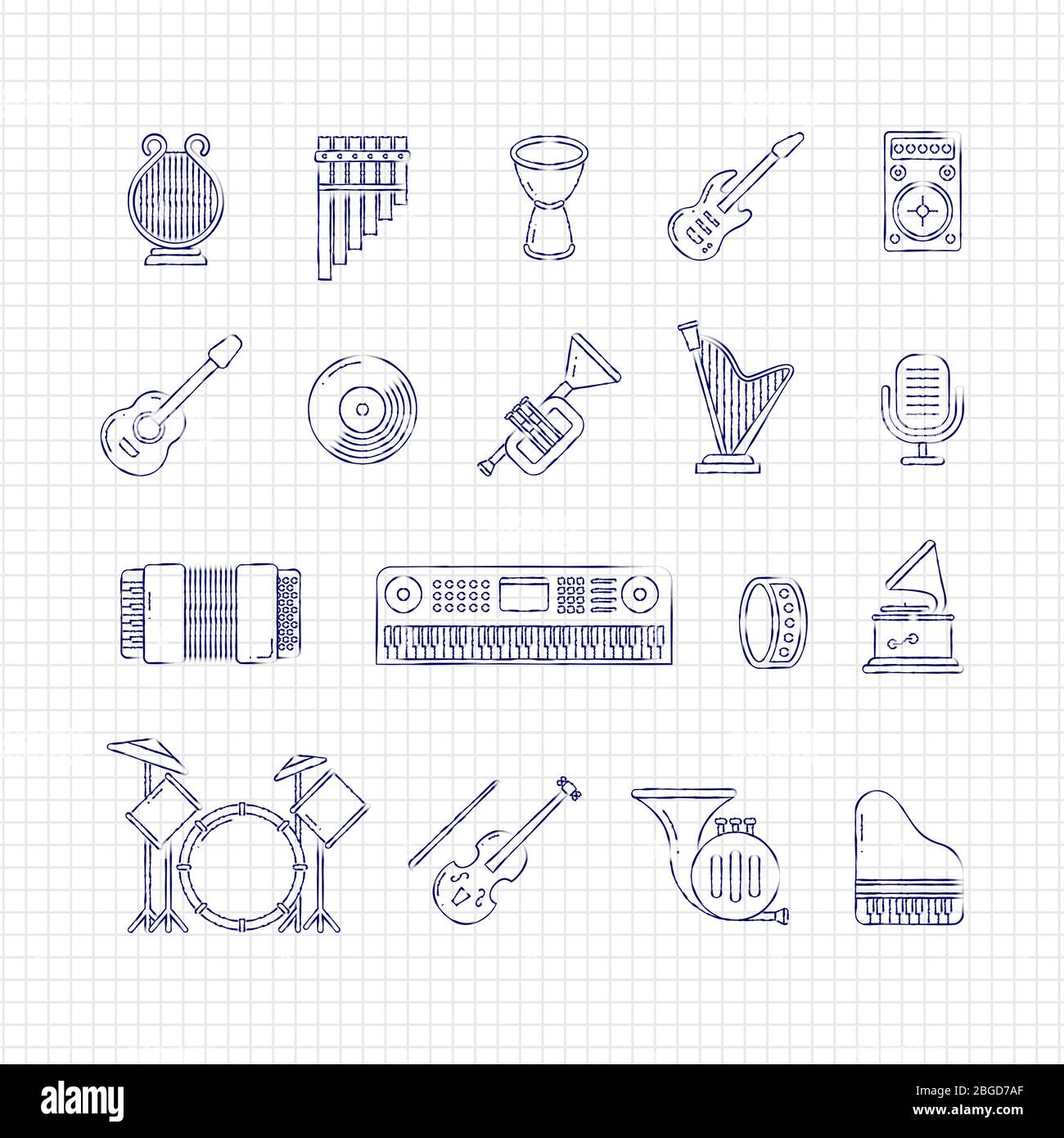 Ballpoint drawing music concert instruments thin line icons of set. Vector illustration Stock Vector