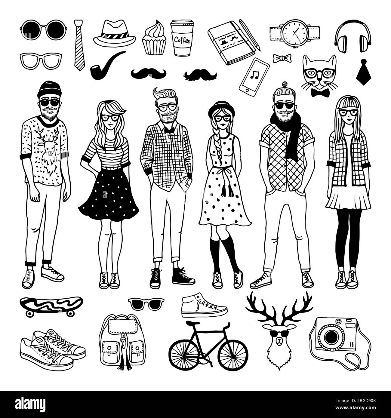 Funny hipster characters with funky fashioned elements isolate on white. Vector hand drawn illustrations Stock Vector