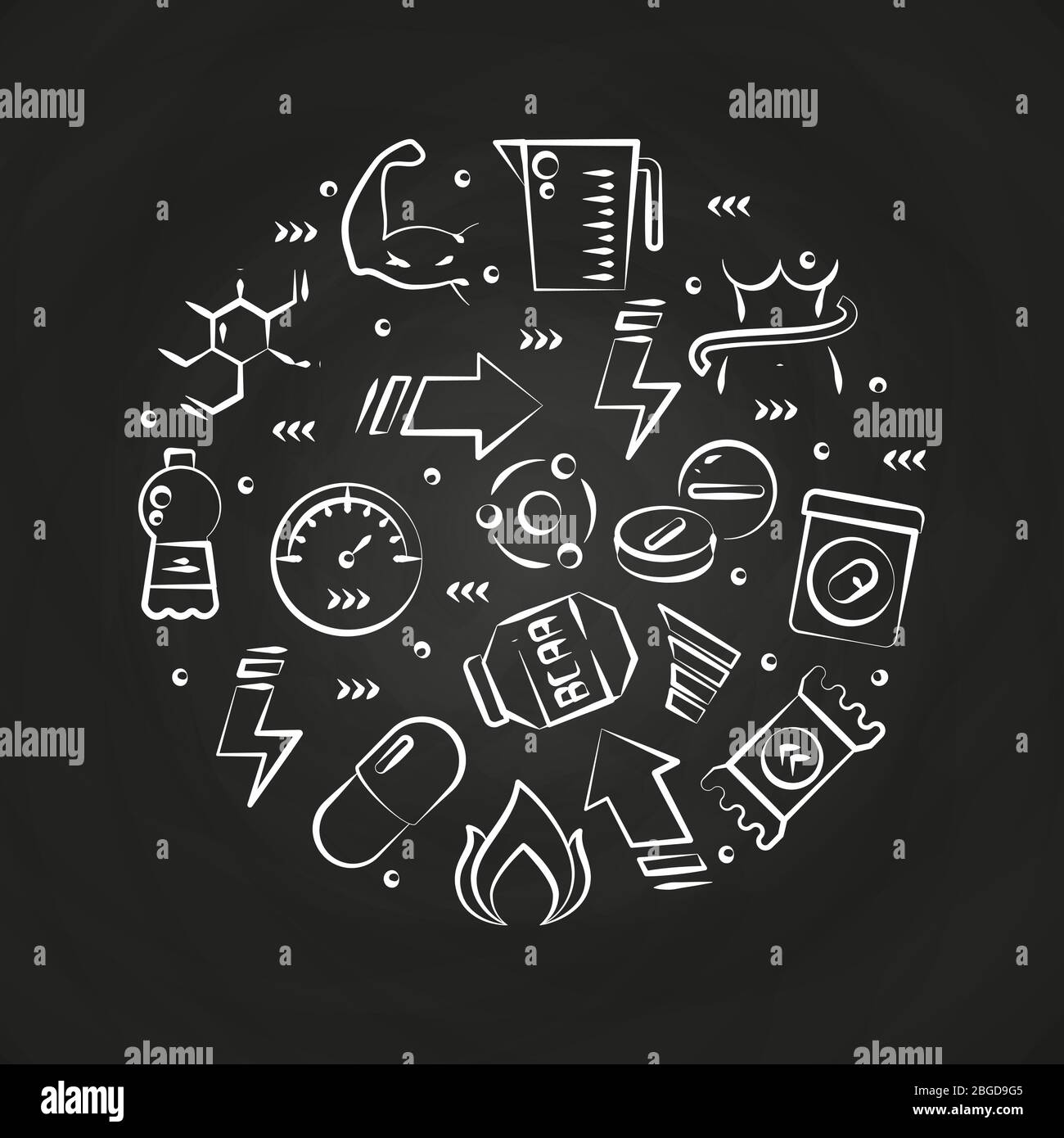 Sport supplements power, protein and vitamins line icons on blackboard. Vector illustration Stock Vector
