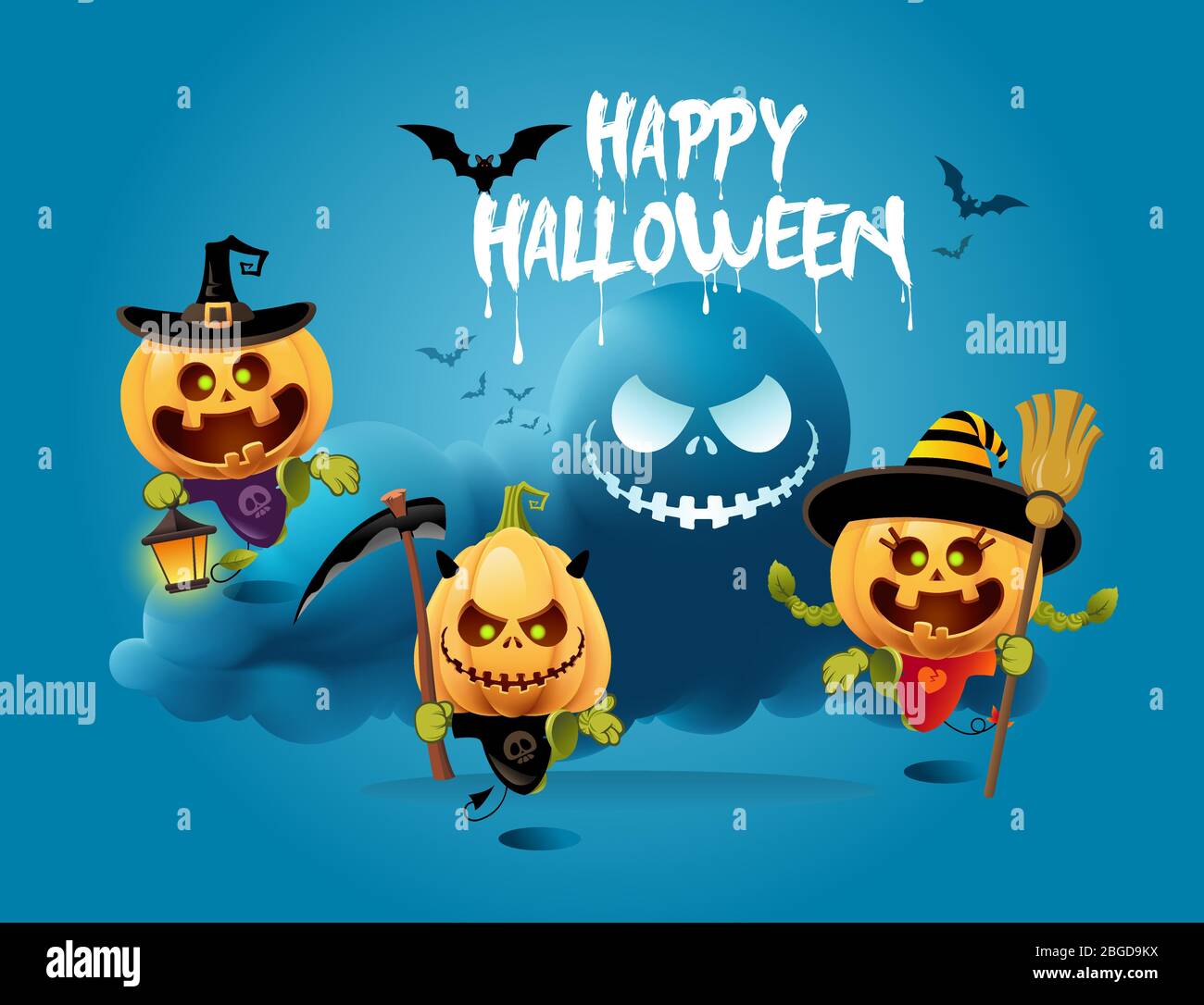 Happy Halloween. Set of cute pumpkin friends and scary clouds vector ...