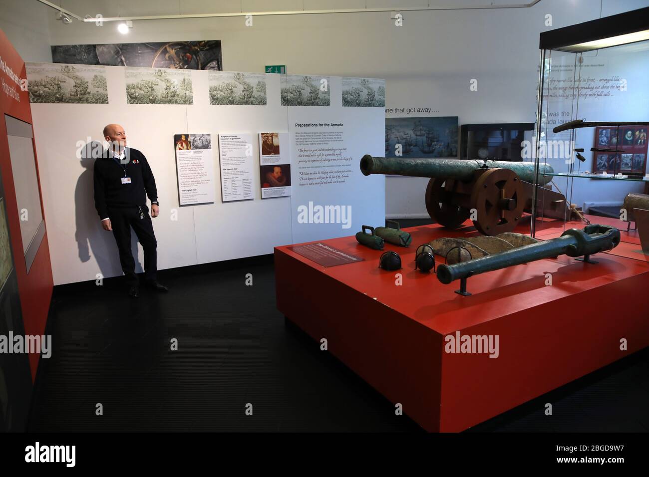 Security officer Jim McManus patrols the Ulster Museum in Belfast, which like many attractions, has been closed to stop the spread of coronavirus during the pandemic. Stock Photo