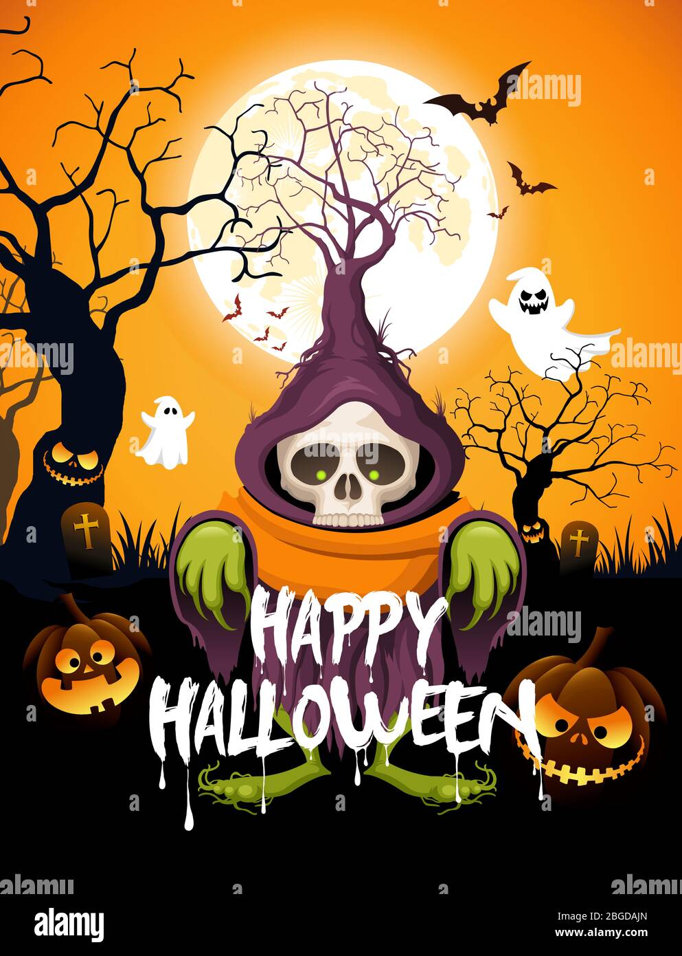 Vector Halloween tree skeleton monster and horror Halloween pumpkin ghost in the night of the woods. Stock Vector