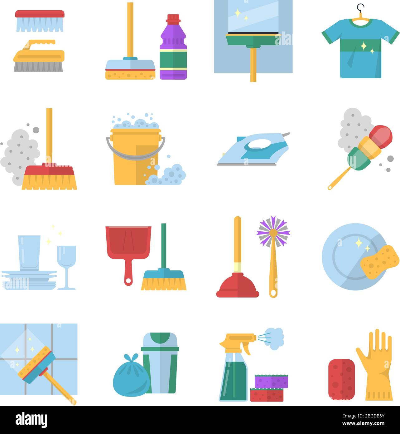 Cleaning service symbols. Different colored tools in cartoon style