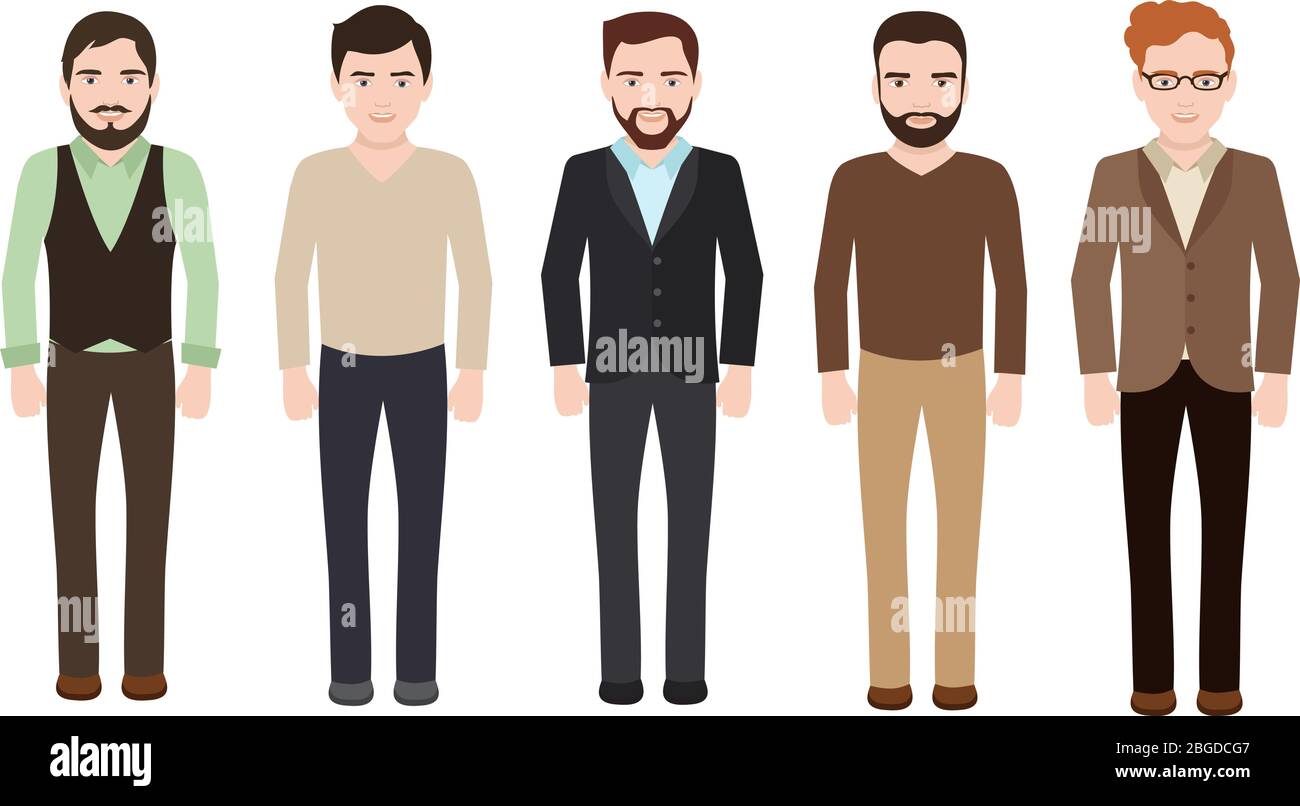 Adult man dressed in business and casual clothes. Vector male characters isolated on white background. Illustration of business male character collection Stock Vector