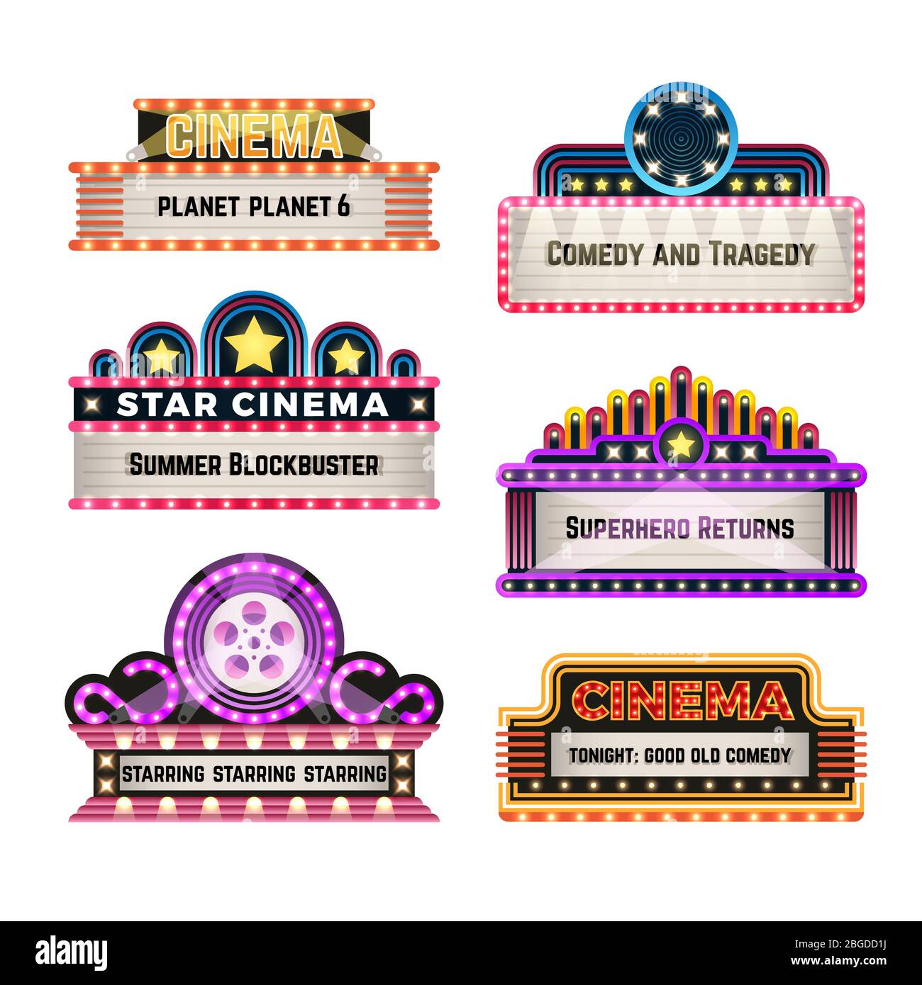 Old theater movie neo light signboards in 1930s retro style. Blank cinema and casino vector banners. Signboard for cinema billboard, comedy and tragedy, superhero and blockbuster illustration Stock Vector