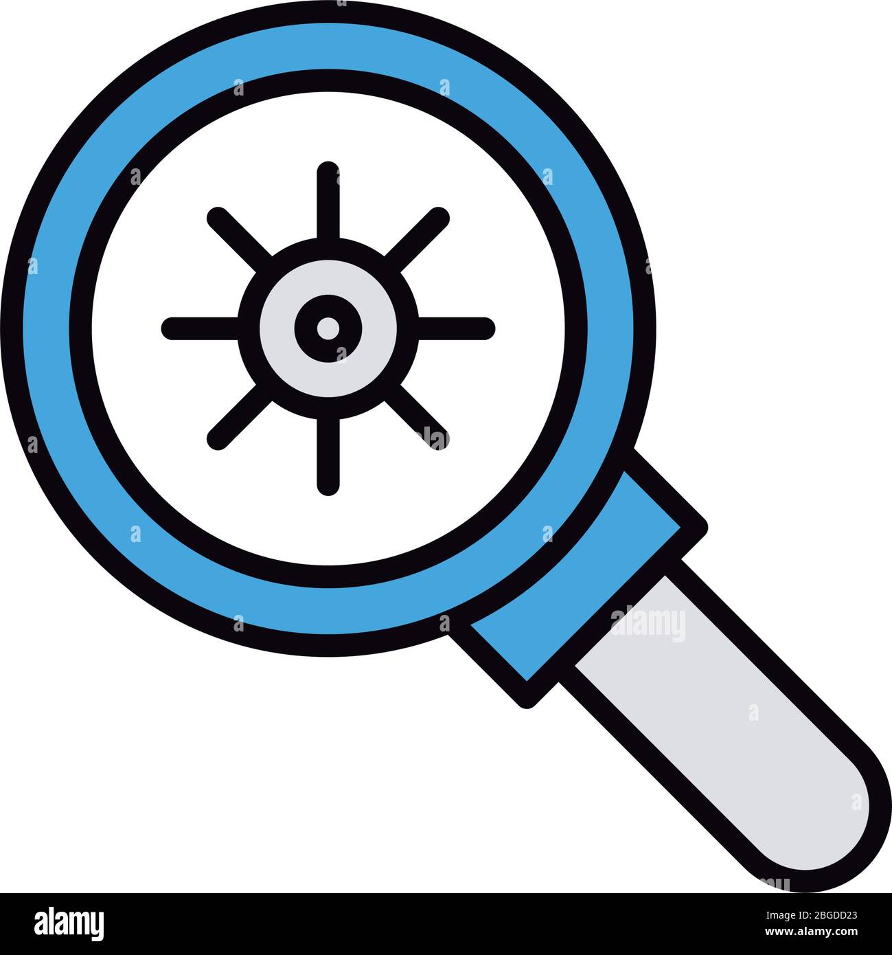 magnifying glass with covid19 virus particle line and fill style Stock ...