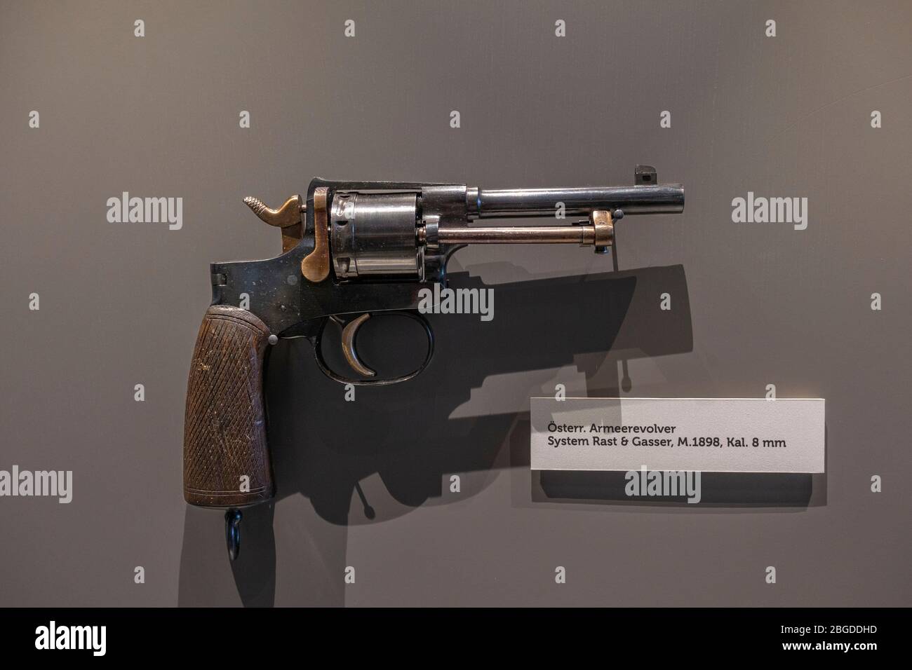 An Austrian Rast & Gasser Model 1898 service revolver on display in the Fortress Museum, Hohensalzburg Fortress, Salzburg, Austria. Stock Photo