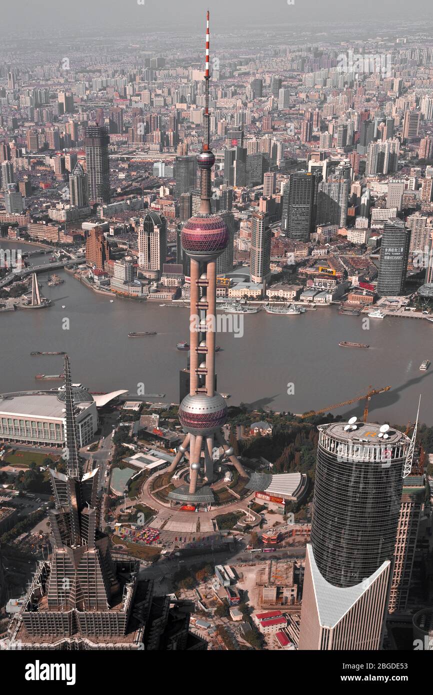 Pudong, Shanghai, China, Asia - Aeriel view of the Oriental Pearl Tower in Pudong and cityscape across the Huangpu river. Stock Photo