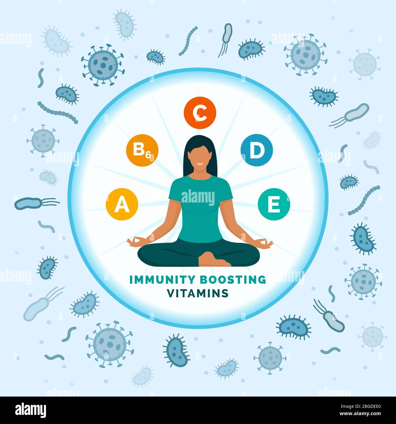 Woman boosting her immune system with vitamins and defeating viruses, healthcare and prevention concept Stock Vector