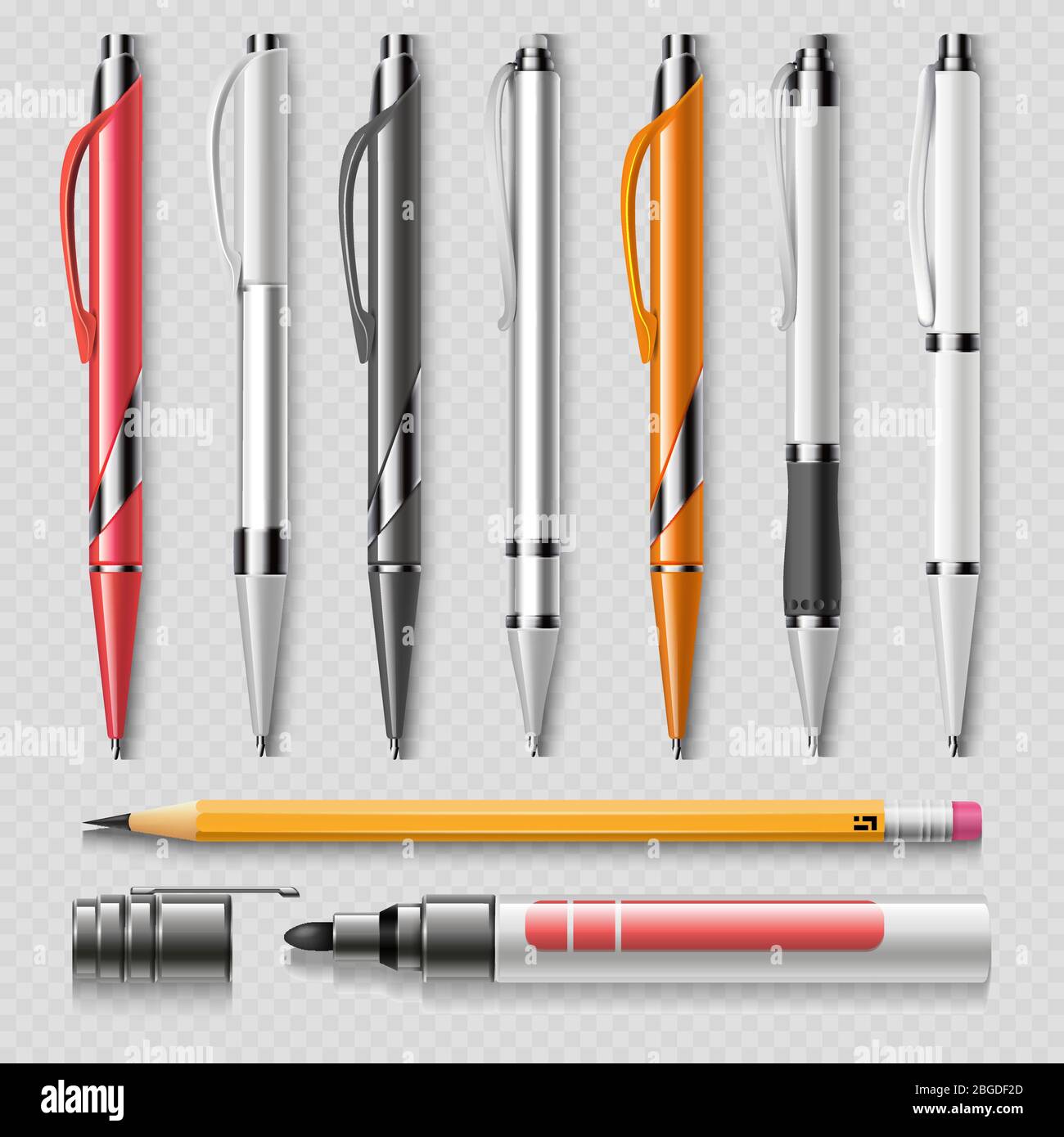 https://c8.alamy.com/comp/2BGDF2D/realistic-office-stationery-isolated-on-transparent-background-pens-pencil-and-marker-realistic-vector-office-stationery-pen-and-marker-illustrati-2BGDF2D.jpg
