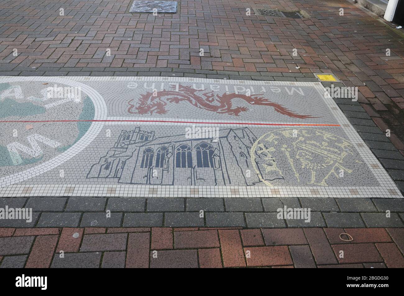 Greenwich Meridian Line Mosaic in sun Street, Waltham Abbey, Essex Stock Photo