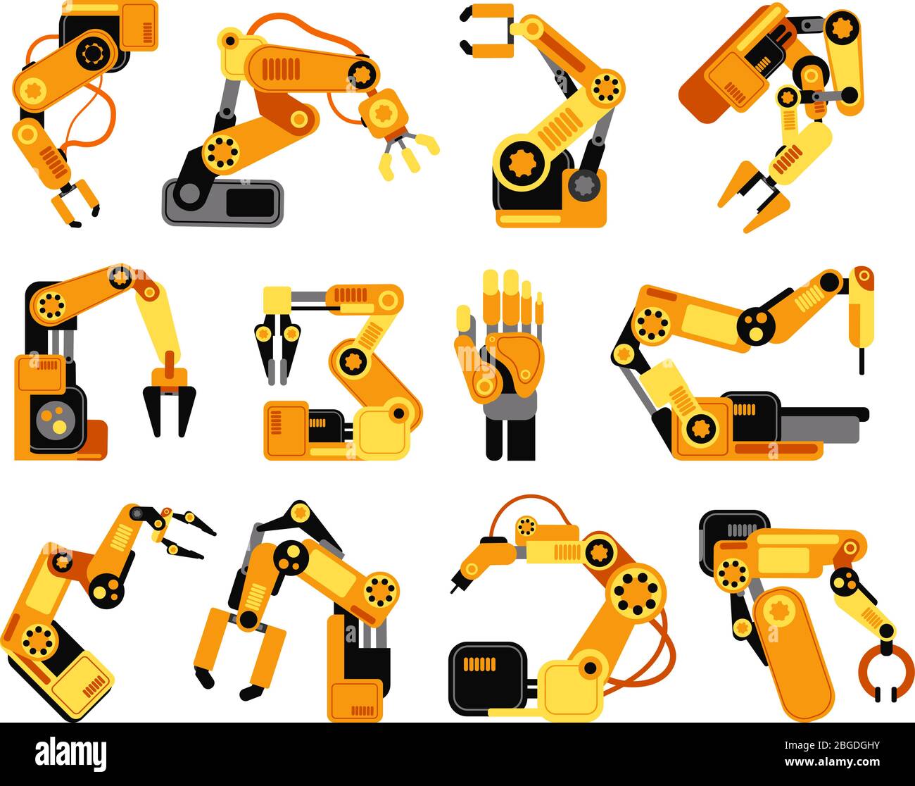 Factory robot arms manufacturing industrial equipment vector set. Illustration of robot arm equipment for factory industry Stock Vector