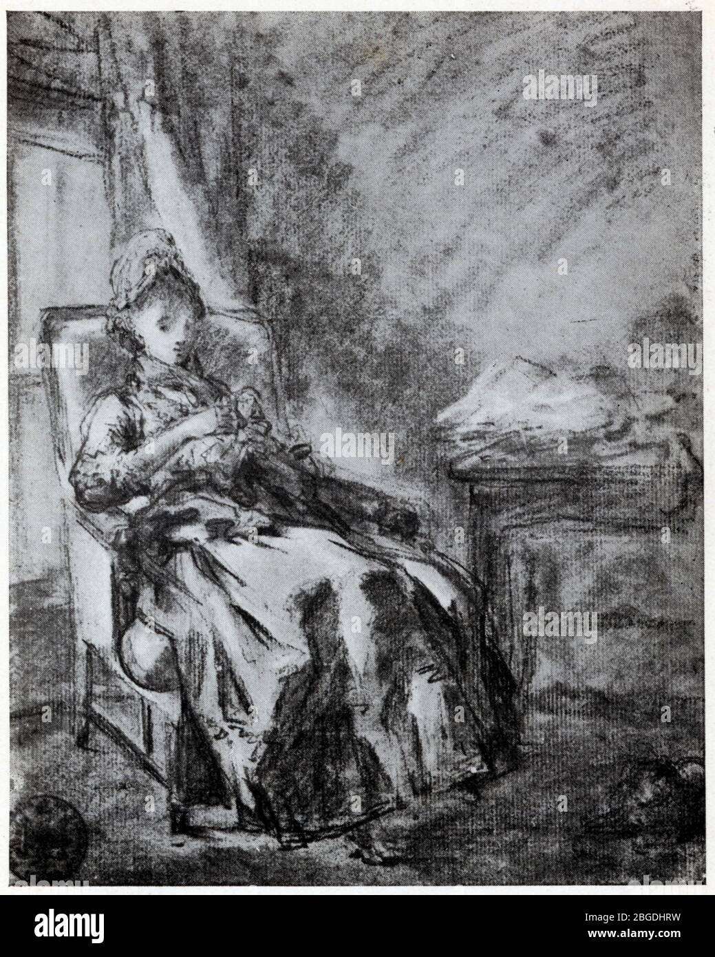 GABRIEL DE SAINT AUBIN (1724-1780). Jeune fille tenant une broderie. Dessin aux trois crayons. Besançon Stock Photo