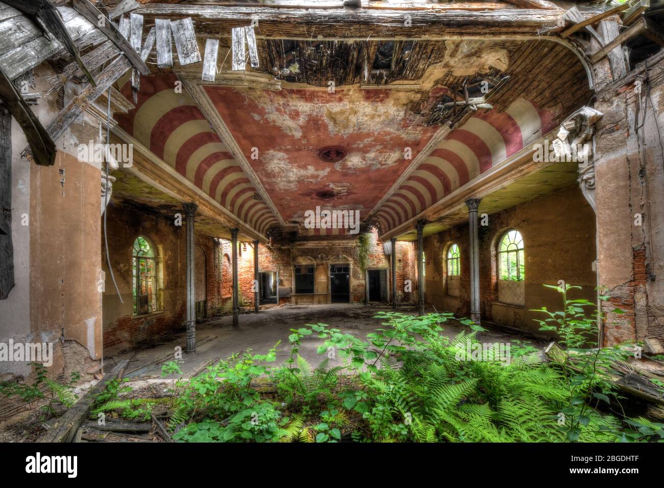 Abandoned Ball Room with pink and white stripes where nature has taken over Stock Photo