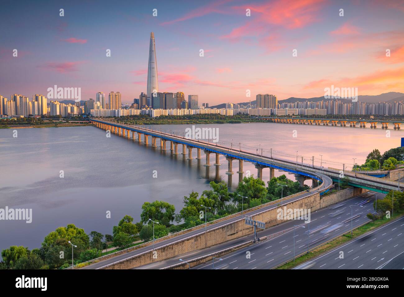 Seoul. Cityscape image of Seoul and Han River during twilight blue hour. Stock Photo