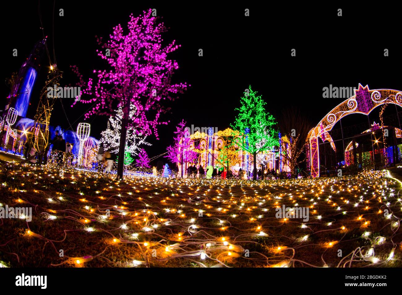 NAGASAKI, JAPAN - April 29,2019 : Huis Ten Bosch is a theme park in Nagasaki, Japan, which displaying old Dutch buildings and colorful lights show at Stock Photo