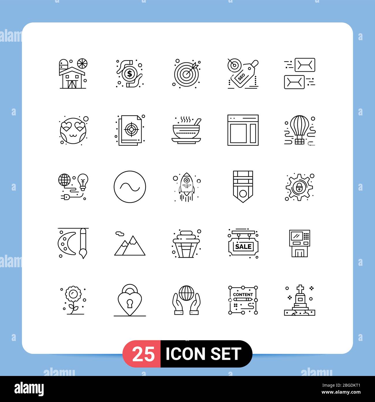 Universal Icon Symbols Group of 25 Modern Lines of communication, promotion, darts, discount, seo Editable Vector Design Elements Stock Vector