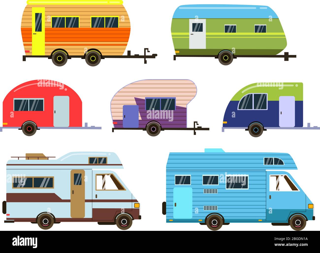 Campers cars set. Different resort trailers. Vector pictures in flat style Stock Vector
