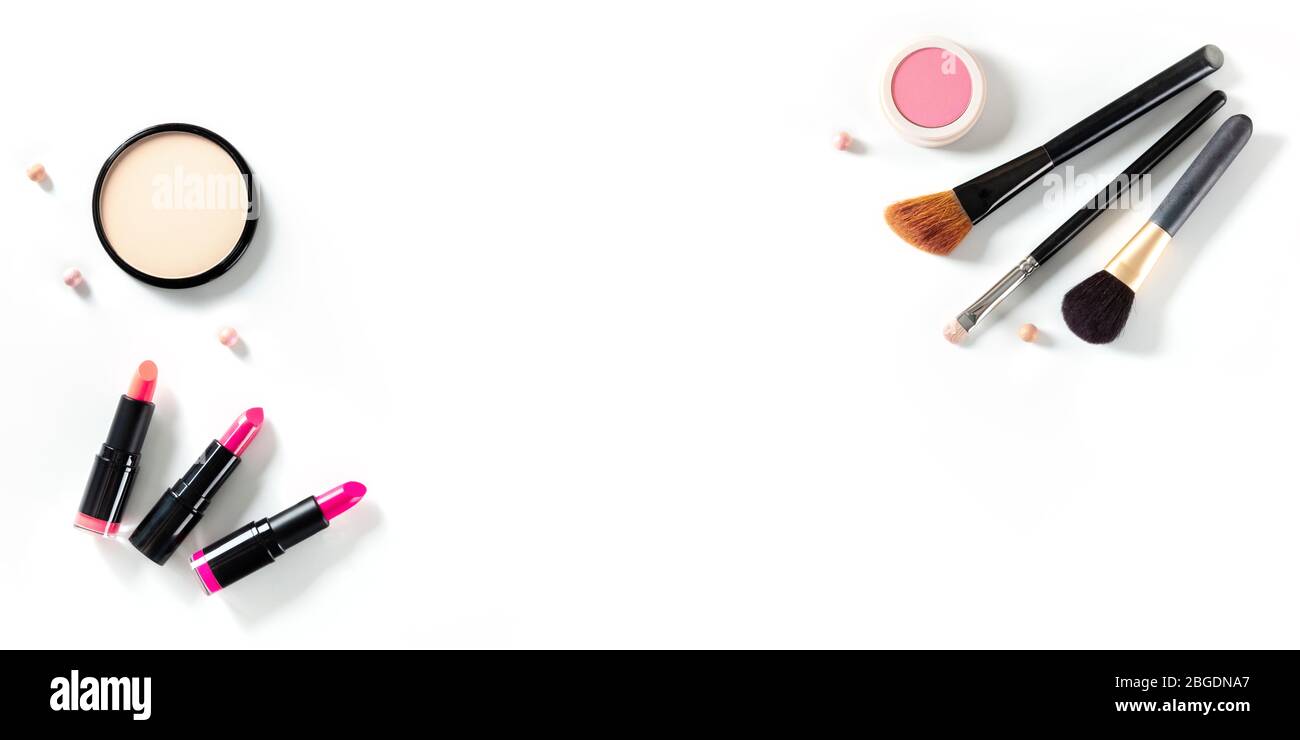 Professional Makeup On A White Background Brushes Lipstick And Other Products A Flat Lay With Copy Space A Design Template Stock Photo Alamy