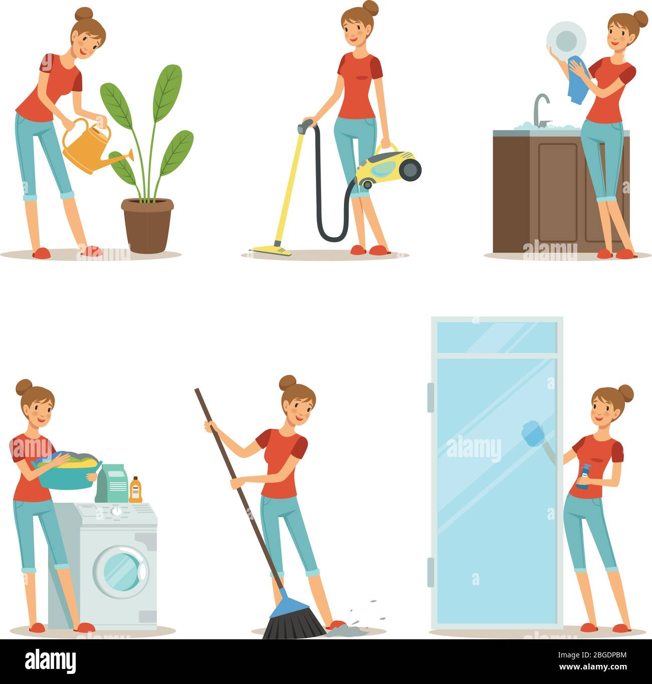 Woman making different housework. Active mother at homework. Vector illustration in cartoon style Stock Vector