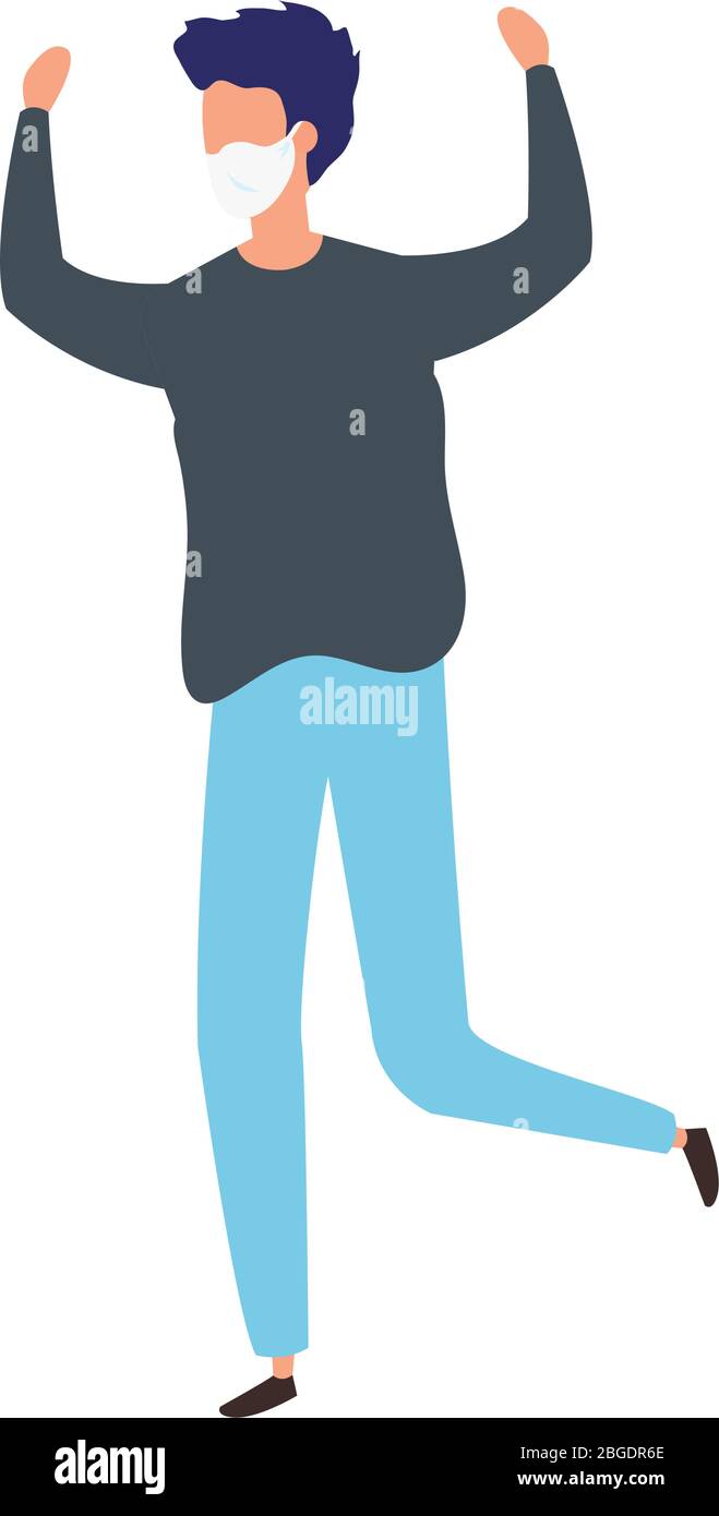 young man using face mask with hands up Stock Vector