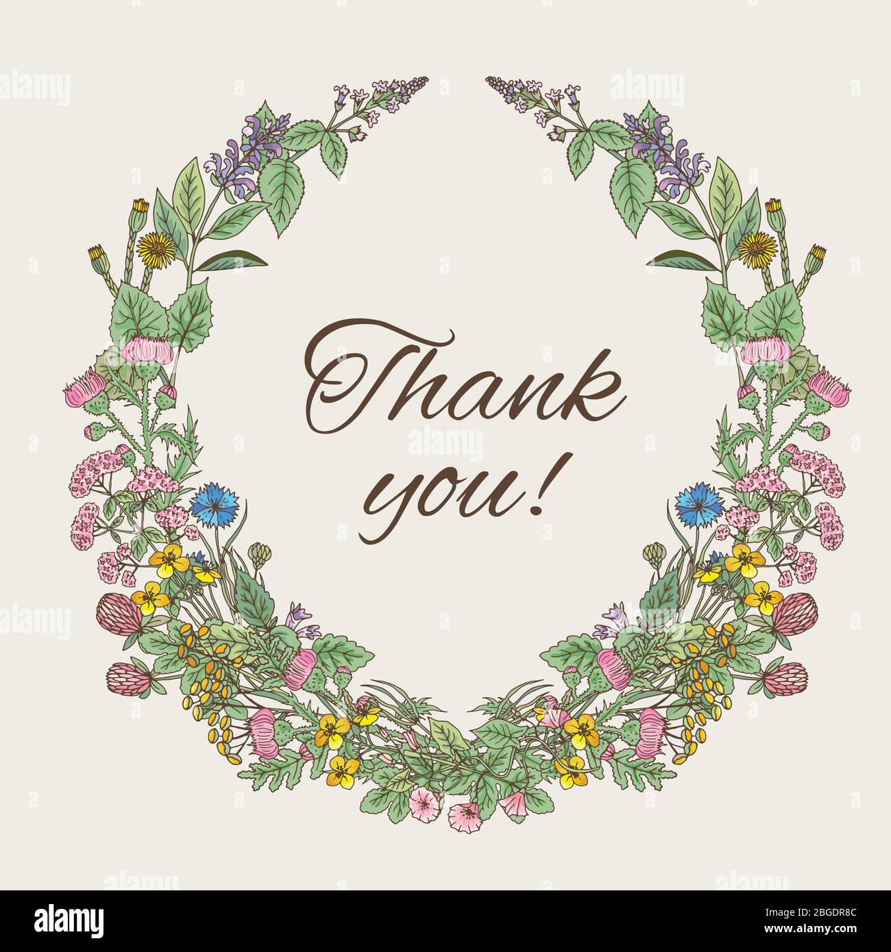 Thank you card. Inscription inside the wreath of hand drawn herbs and flowers Stock Vector