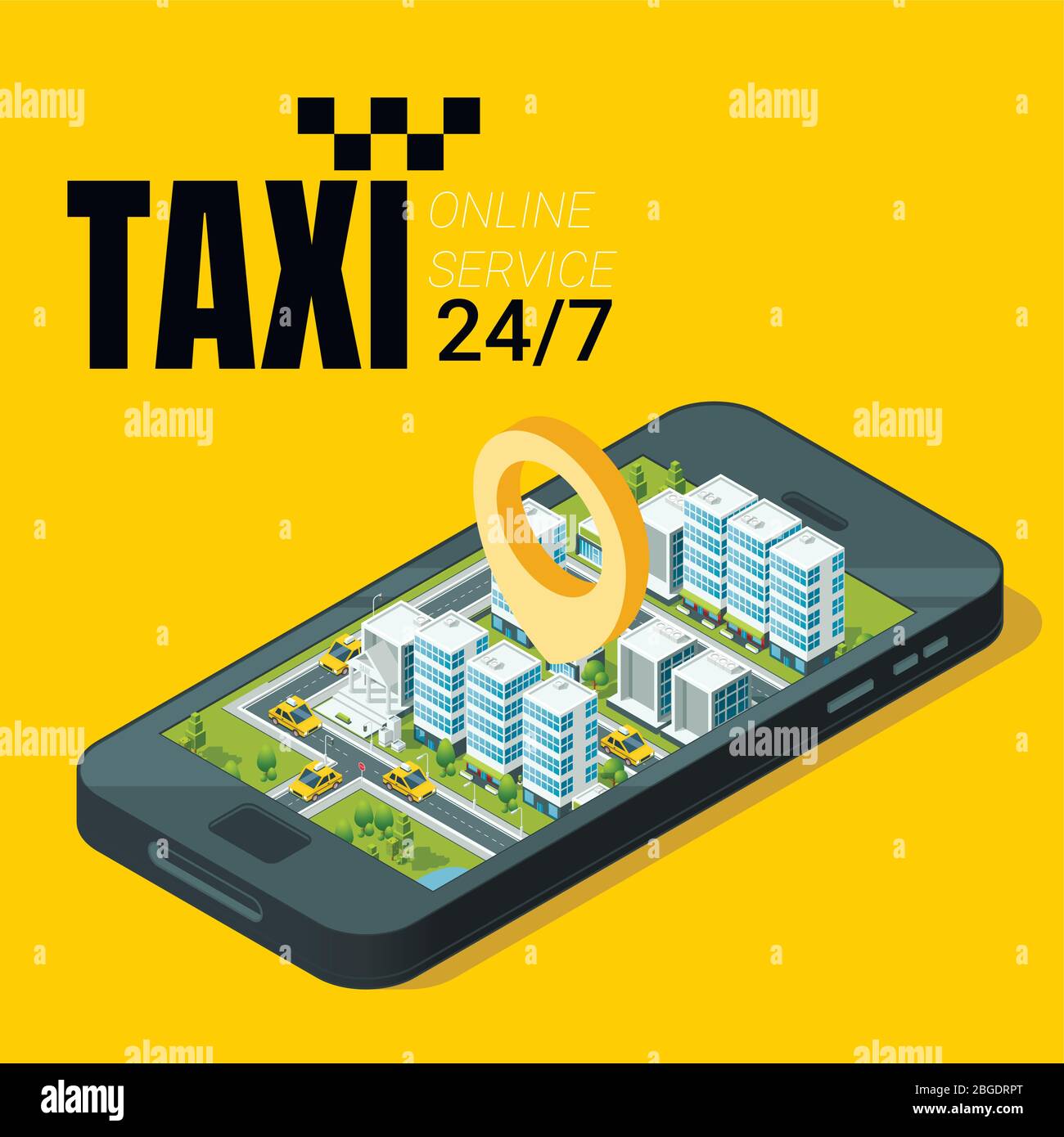 Taxi service concept. Smartphone with isometric city landscape. Vector illustration Stock Vector