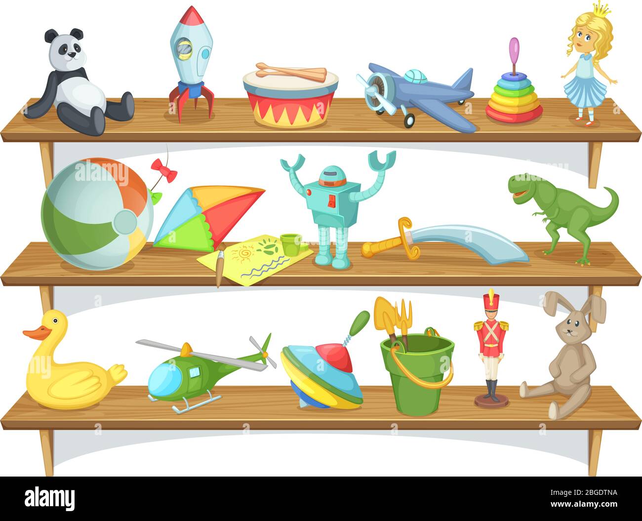 Illustration of childrens store with funny cartoon toys on shelves. Vector set Stock Vector