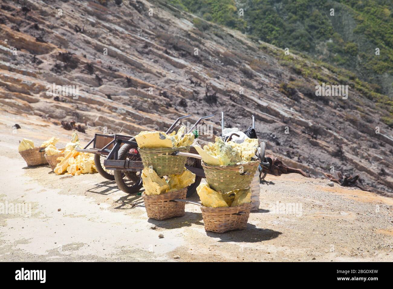 Sulfur carriers basket at Kawah Ijen, Indonesia. Heavy basket laden by
