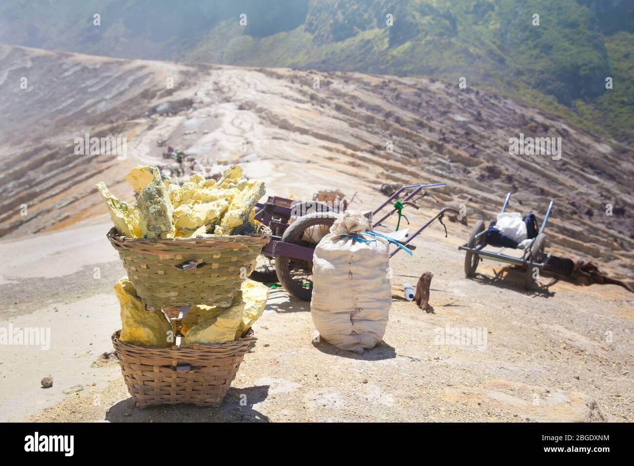 Sulfur carriers basket at Kawah Ijen, Indonesia. Heavy basket laden by