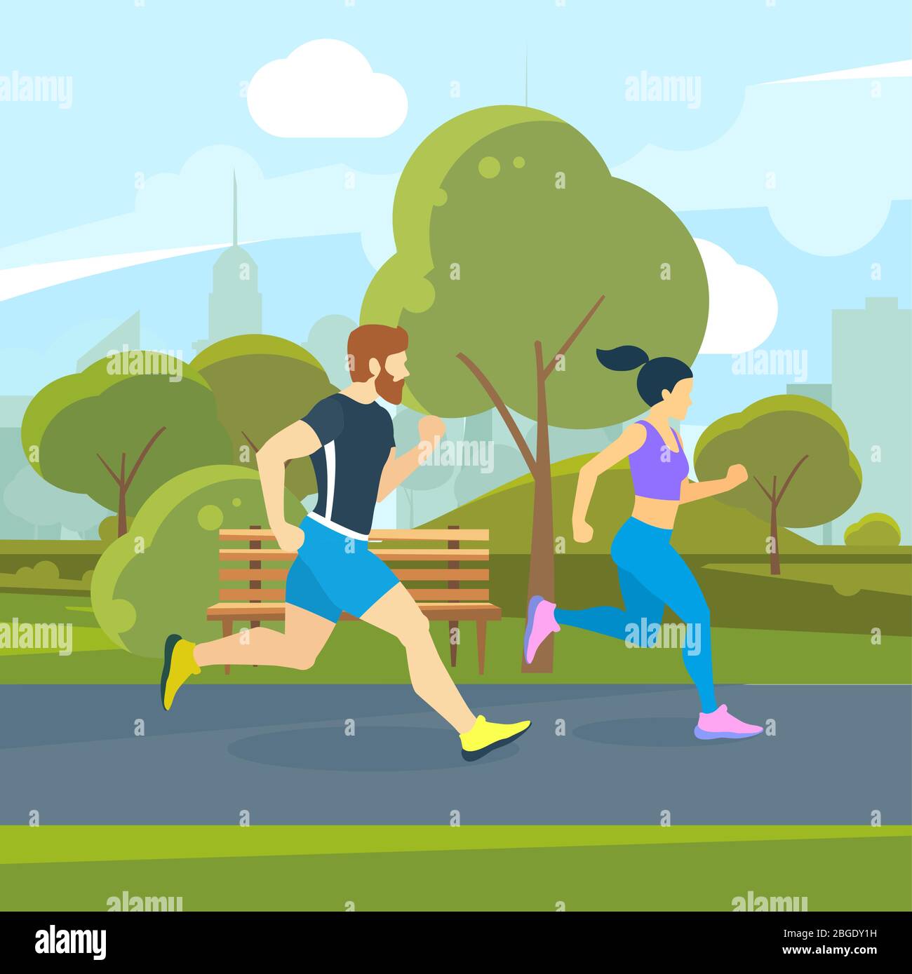 Runners in the city park. Urban lifestyle vector illustration Stock Vector