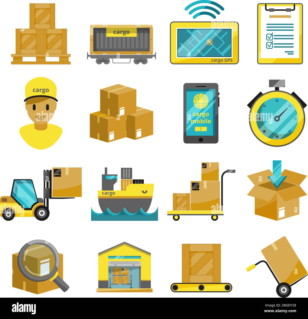 Container boxes, trucks, ships and other cargo icons. Vector illustrations Stock Vector