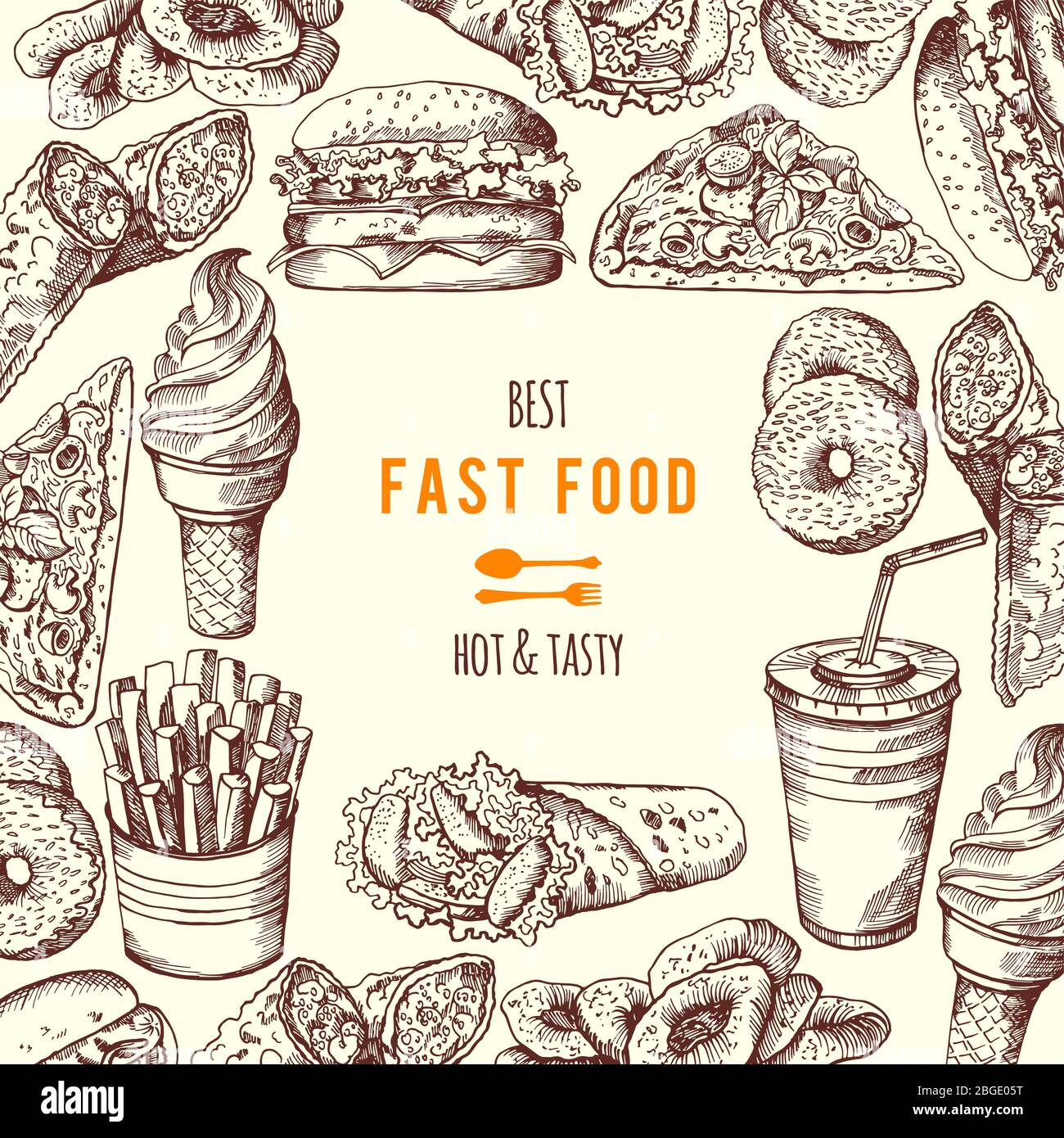 Hand drawn fast food background illustration. Vector pictures Stock Vector