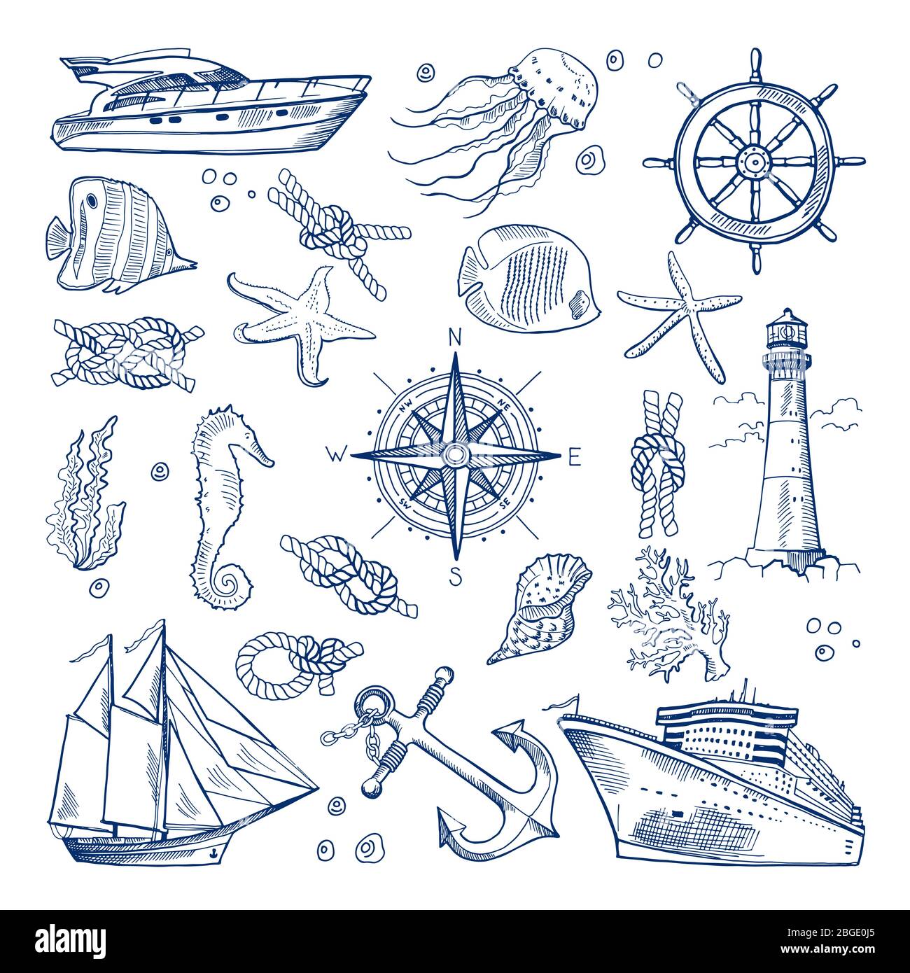 Sea or ocean underwater life with different animals and marine objects. Vector pictures in hand drawn style Stock Vector