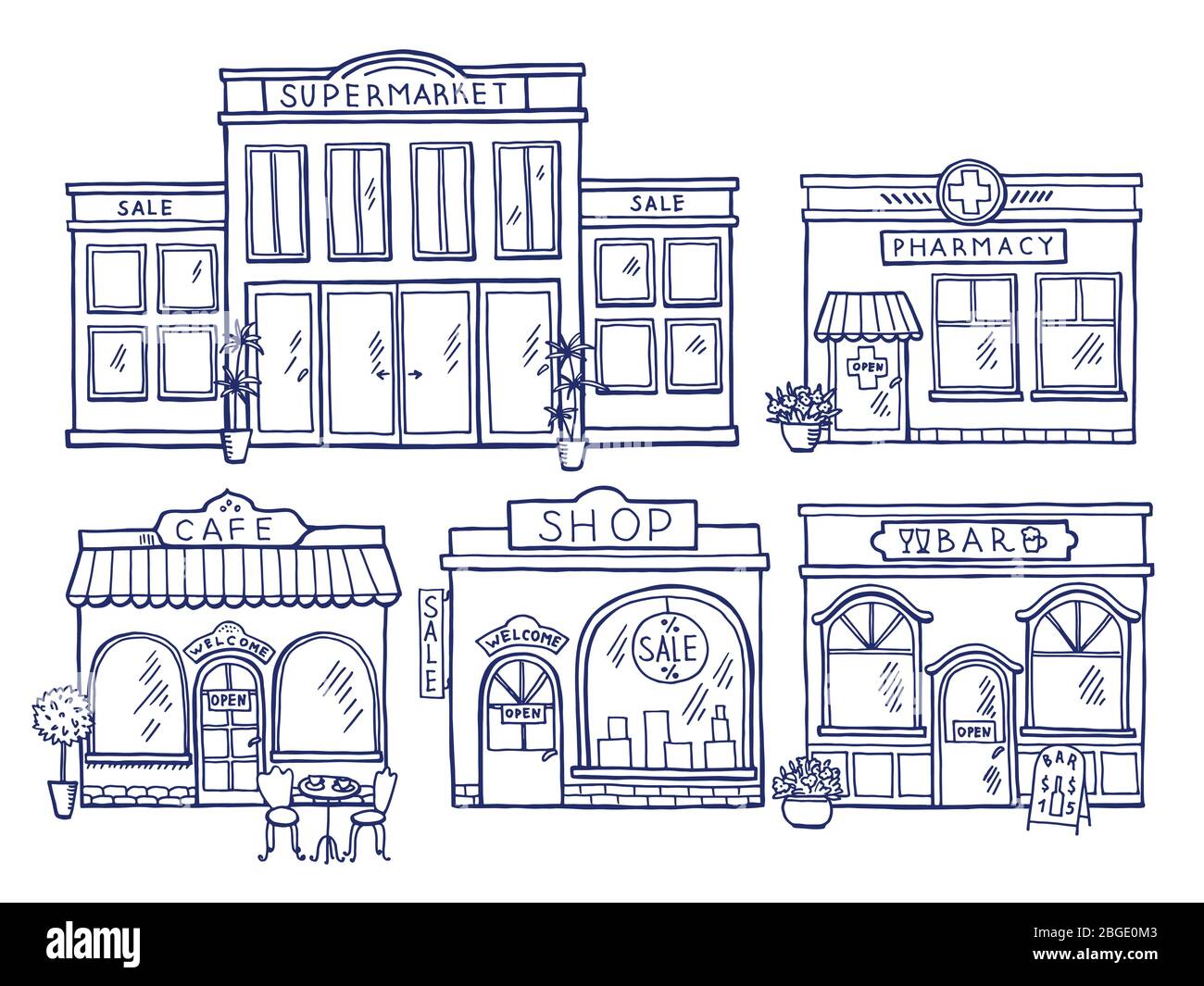 Buildings facade front view. Shop, cafe, mall and pharmacy. Doodle illustrations set Stock Vector