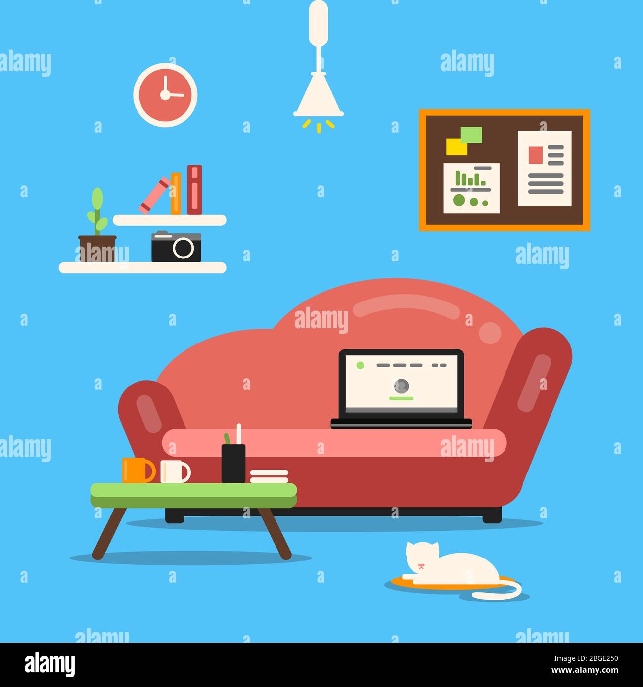 Home office or freelancer interior with sofa and laptop. Vector illustration of workspace. Flat style picture Stock Vector