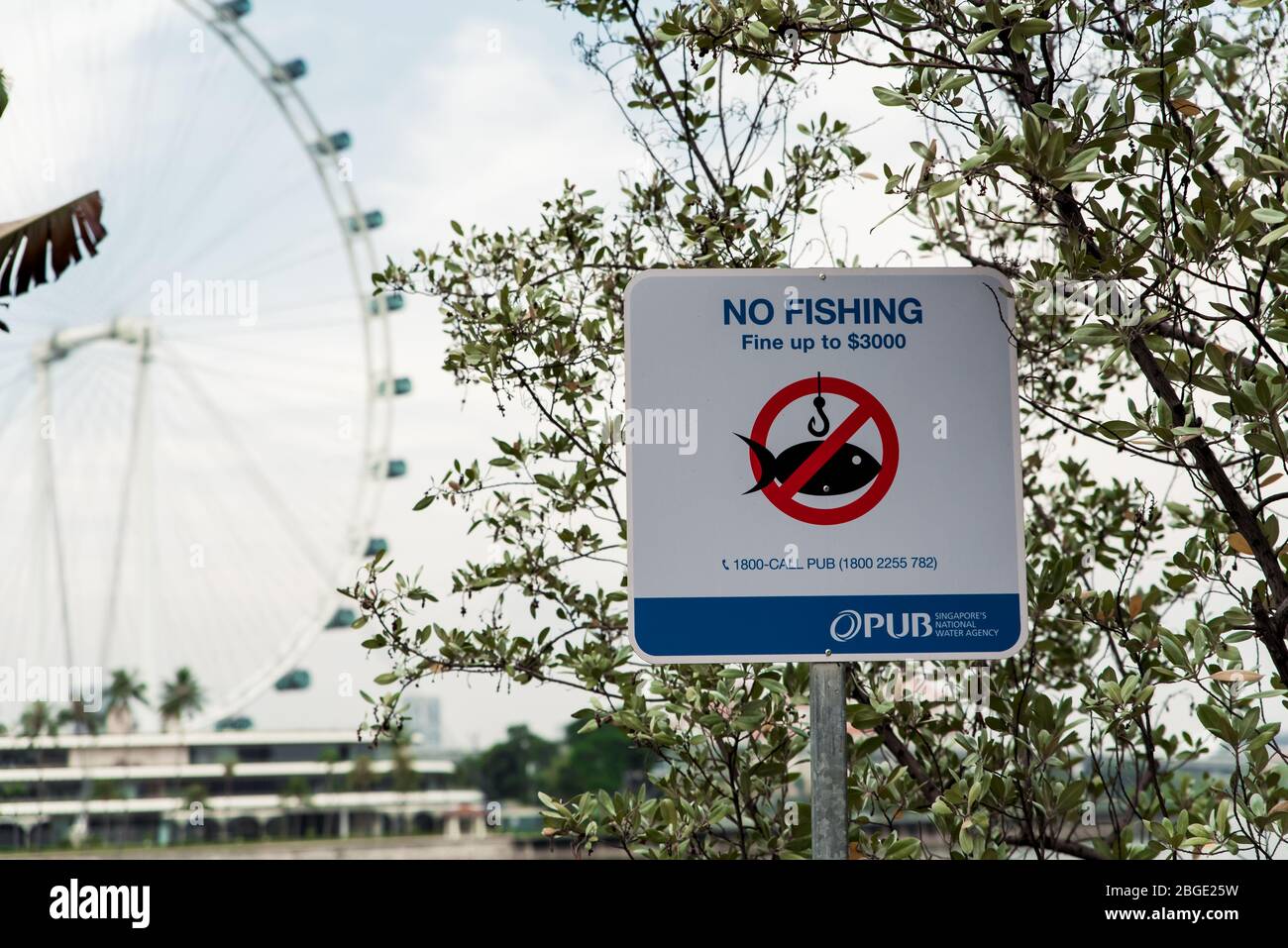 Singapore, Oct 2019: No fishing warning sign in public park. Fishing not allowed in this area with fine up to $3000 Stock Photo