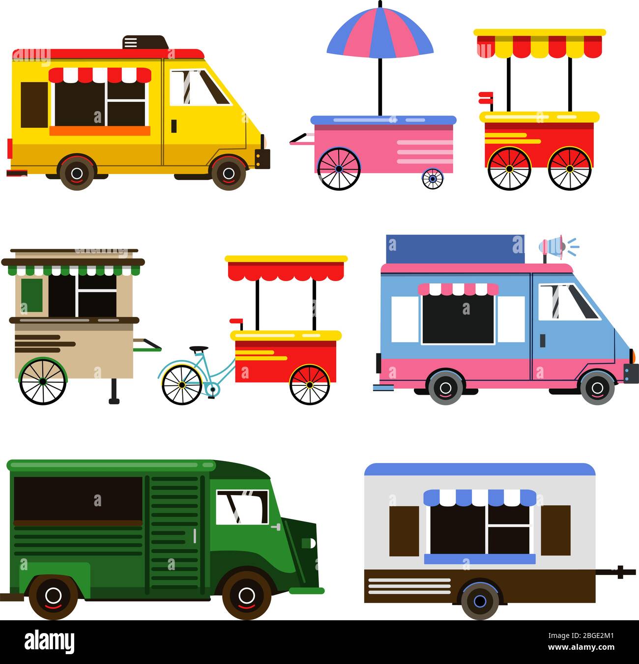 Set of food trucks and bicycles for commercial use. Vector illustration set Stock Vector
