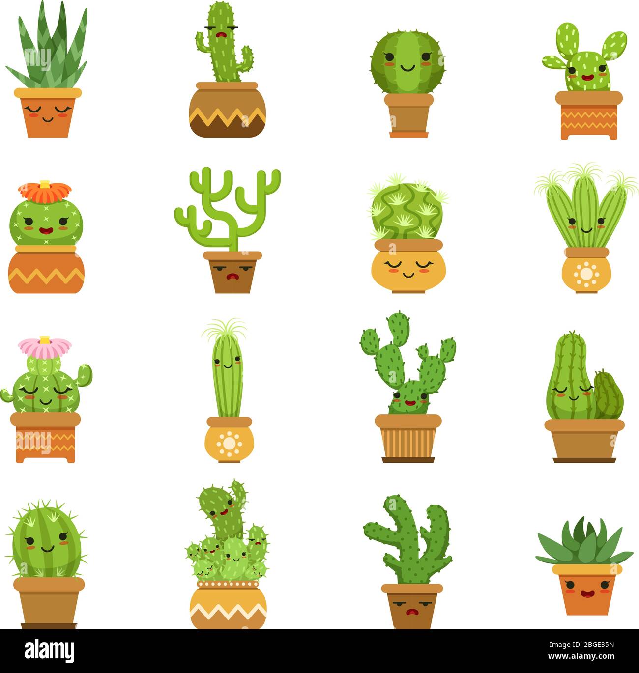 Cute desert plants. Cactus in pots, vector cartoon mascot with different emotions Stock Vector