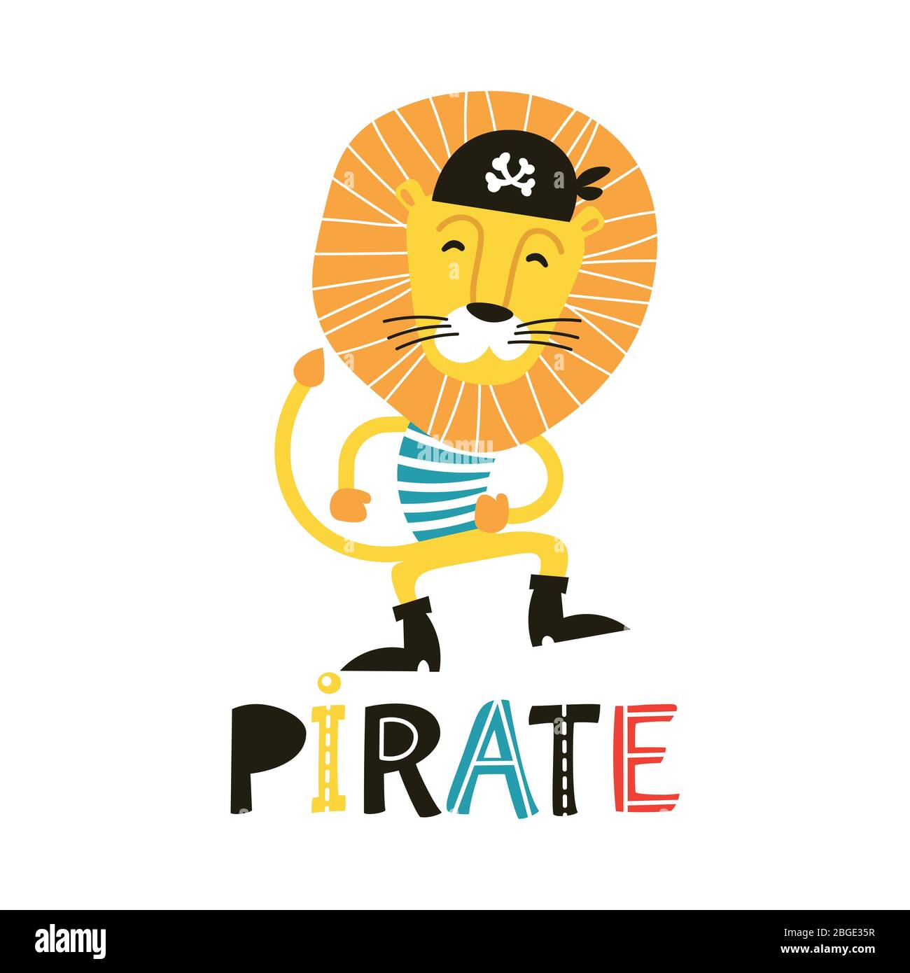 Hand drawn vector illustration of a cute funny lion pirate in a tricorn hat, with lettering Stock Vector