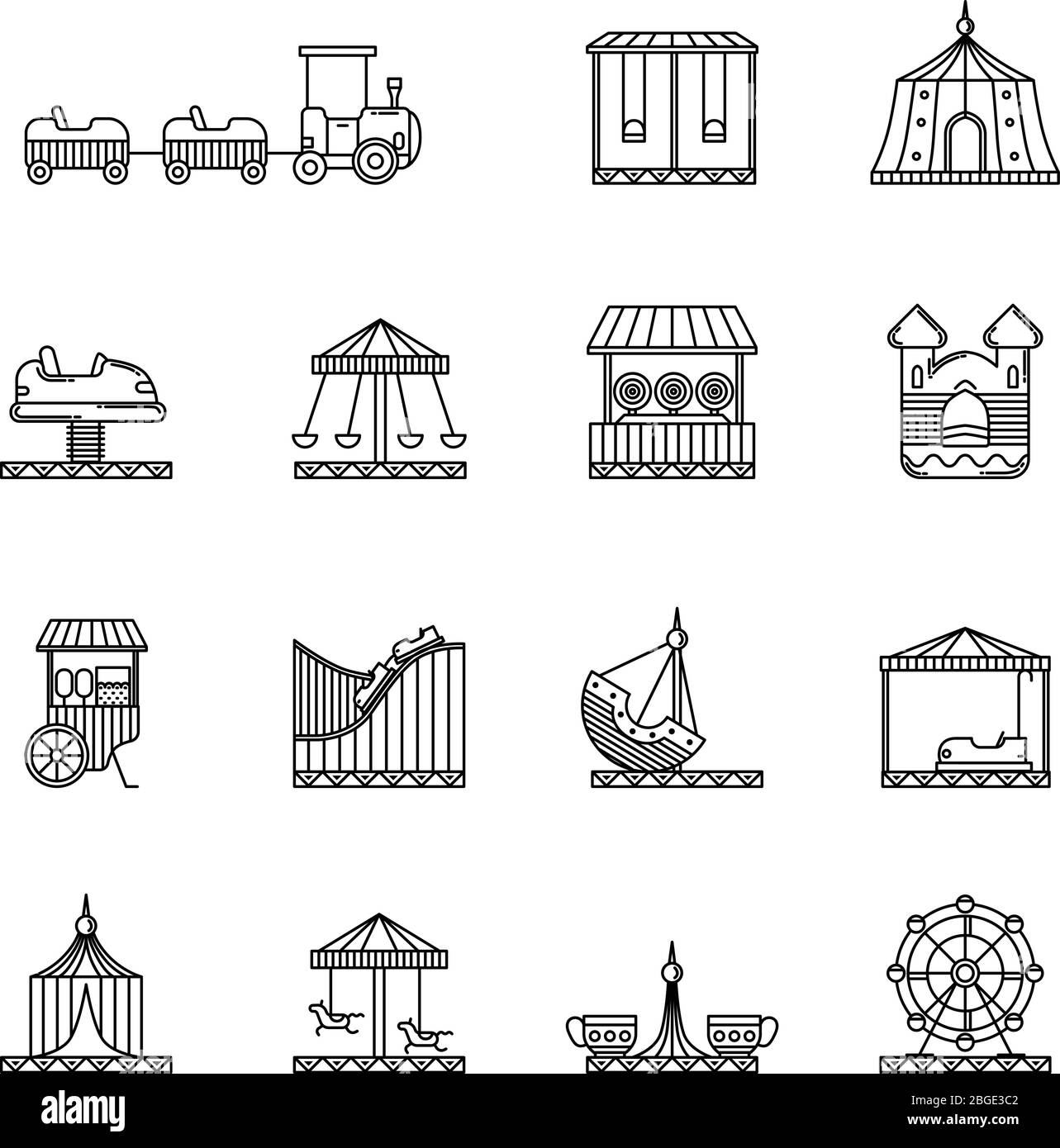 Amusement, circus and carousel linear vector icon set Stock Vector